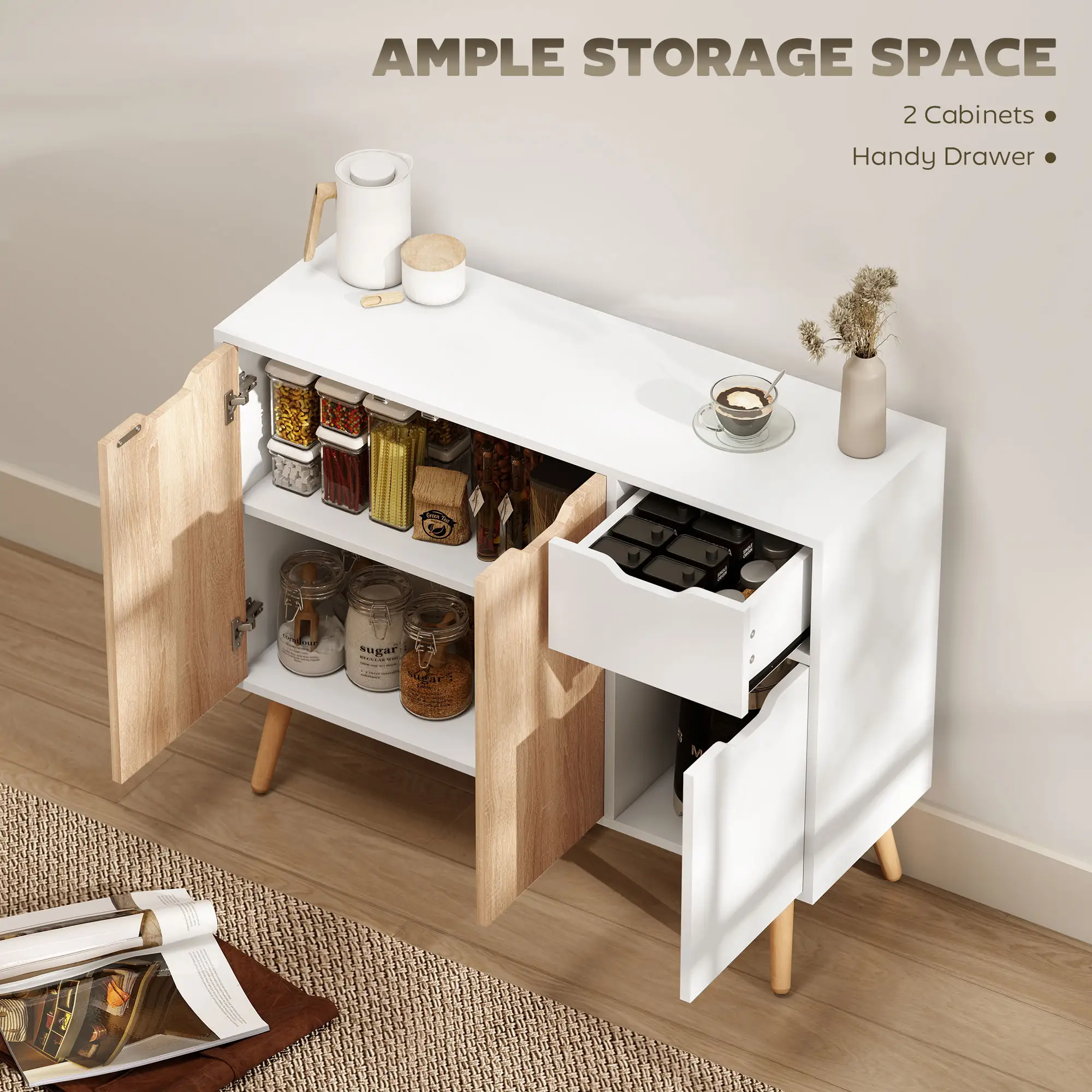 35" Sideboard Storage Cabinet, White and Nature Wood, White, Nature Wood - Image 4