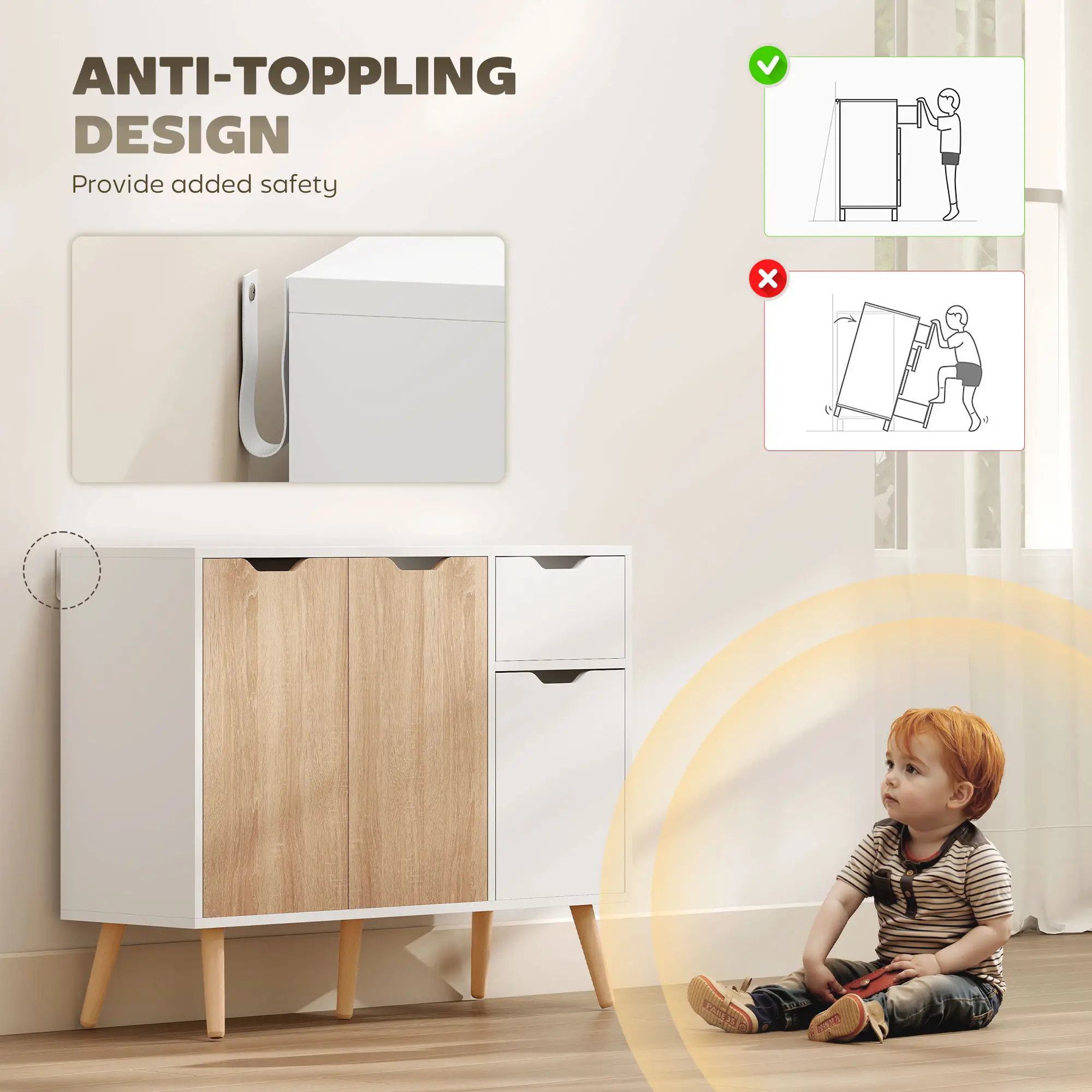 35" Sideboard Storage Cabinet, White and Nature Wood, White, Nature Wood - Image 5