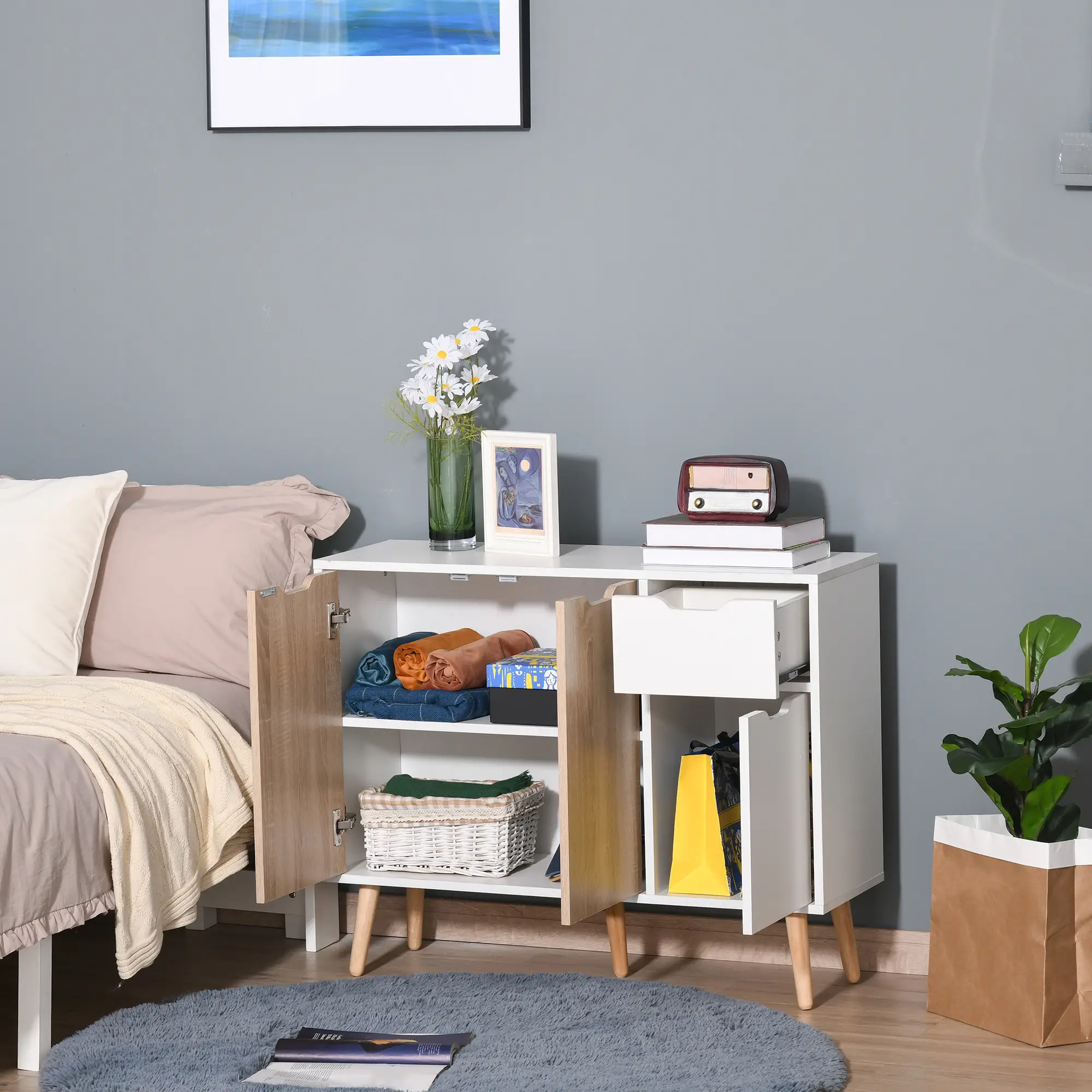 35" Sideboard Storage Cabinet, White and Nature Wood, White, Nature Wood - Image 8