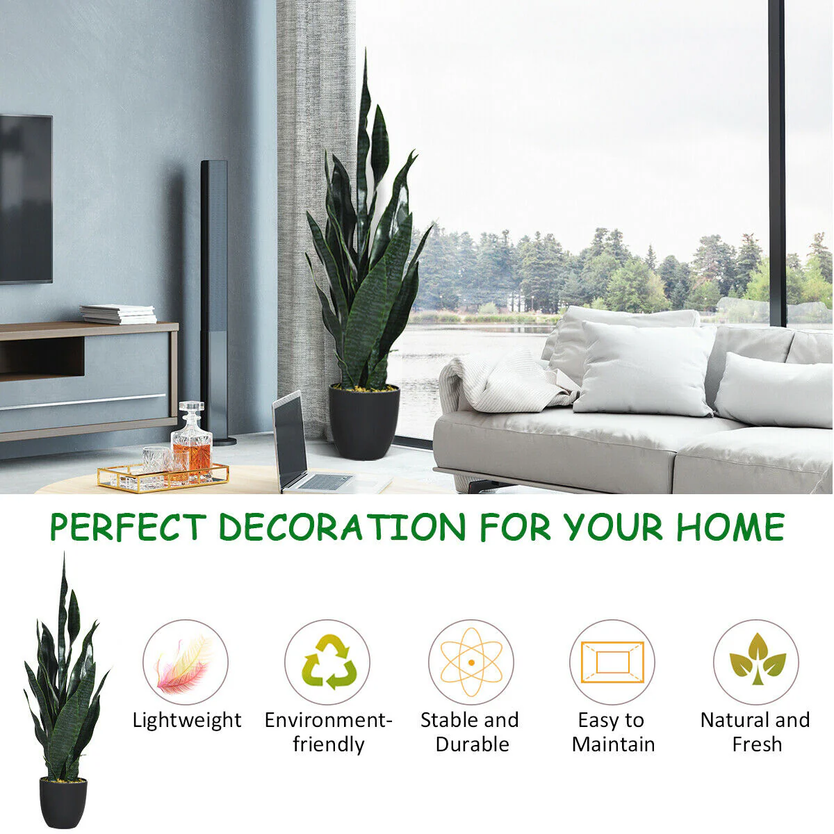 35.5 Inch Indoor-Outdoor Artificial Fake Snake Plant, Green - Image 3