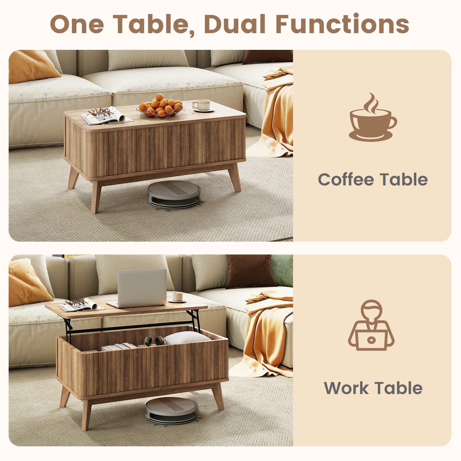 35.5" Rectangle Wooden Fluted Lift Top Coffee Table, Walnut - Image 10