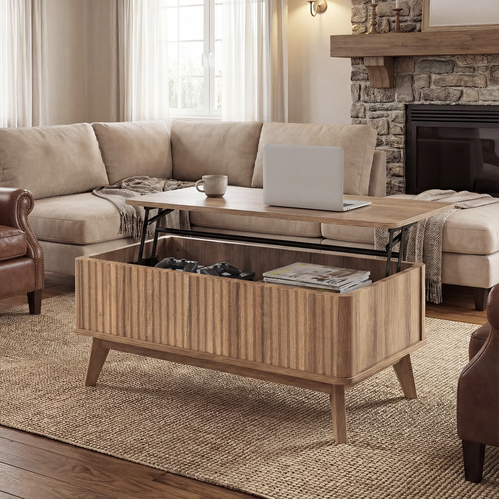 35.5" Rectangle Wooden Fluted Lift Top Coffee Table, Walnut - Image 2