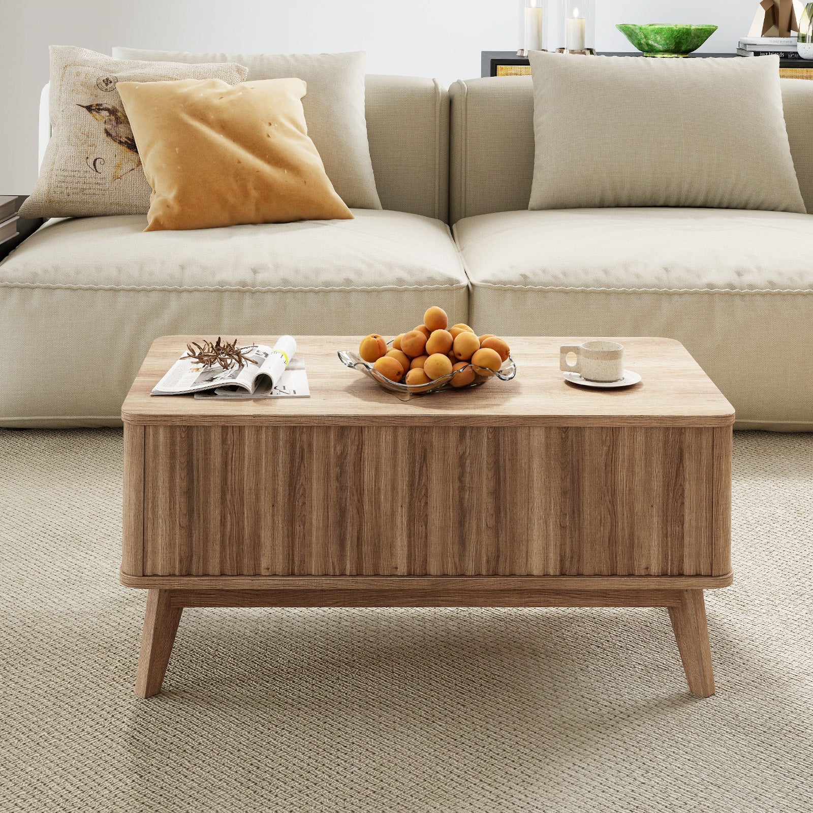 35.5" Rectangle Wooden Fluted Lift Top Coffee Table, Walnut - Image 3