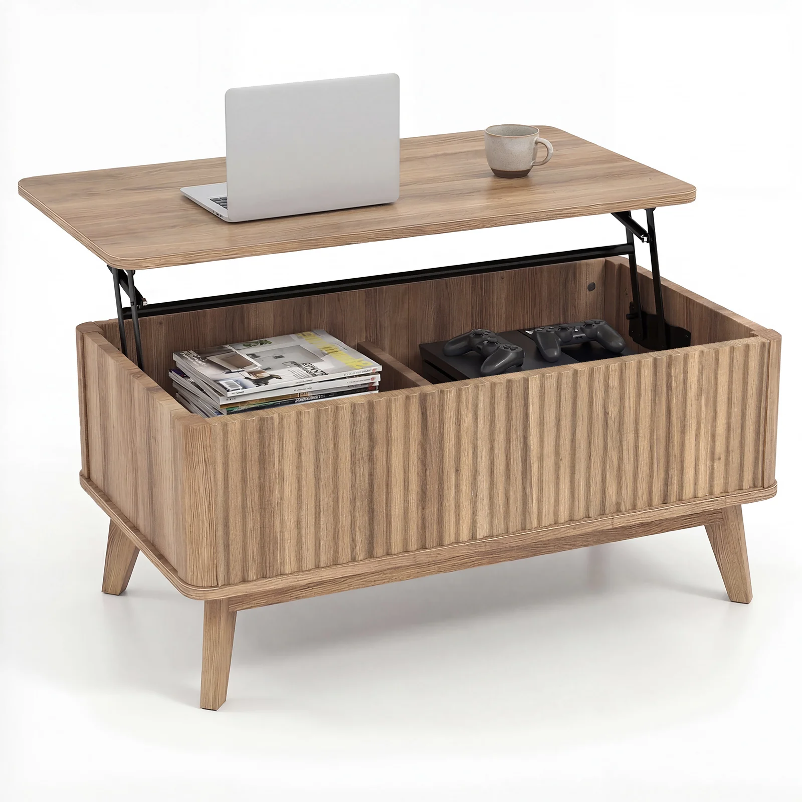 35.5" Rectangle Wooden Fluted Lift Top Coffee Table, Walnut - Image 4