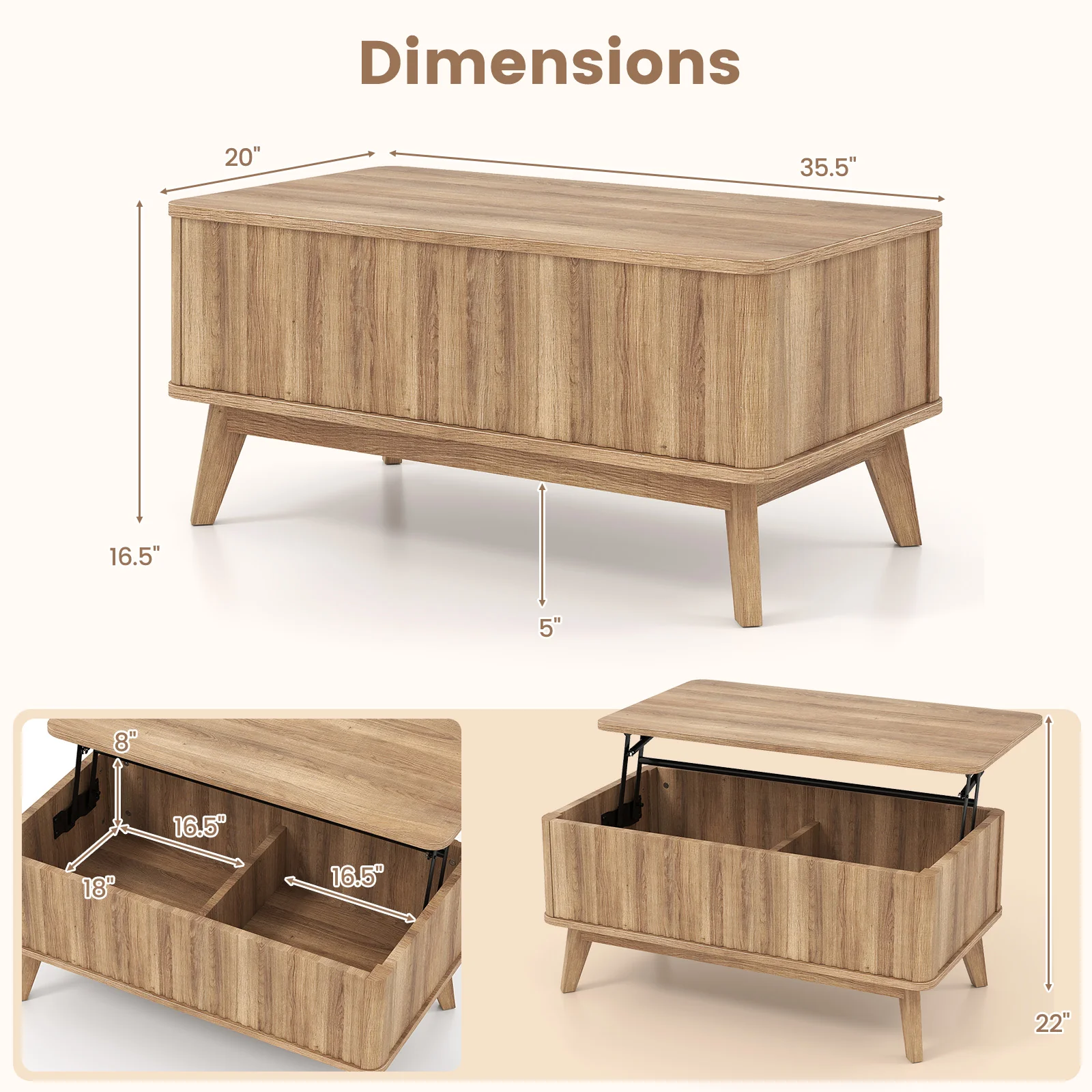 35.5" Rectangle Wooden Fluted Lift Top Coffee Table, Walnut - Image 6