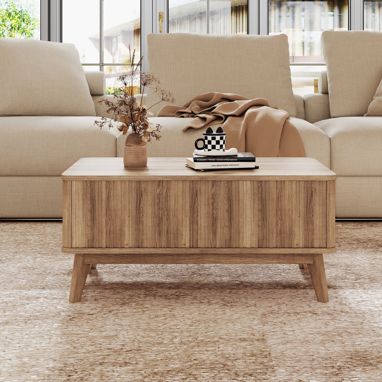 35.5" Rectangle Wooden Fluted Lift Top Coffee Table, Walnut - Image 7