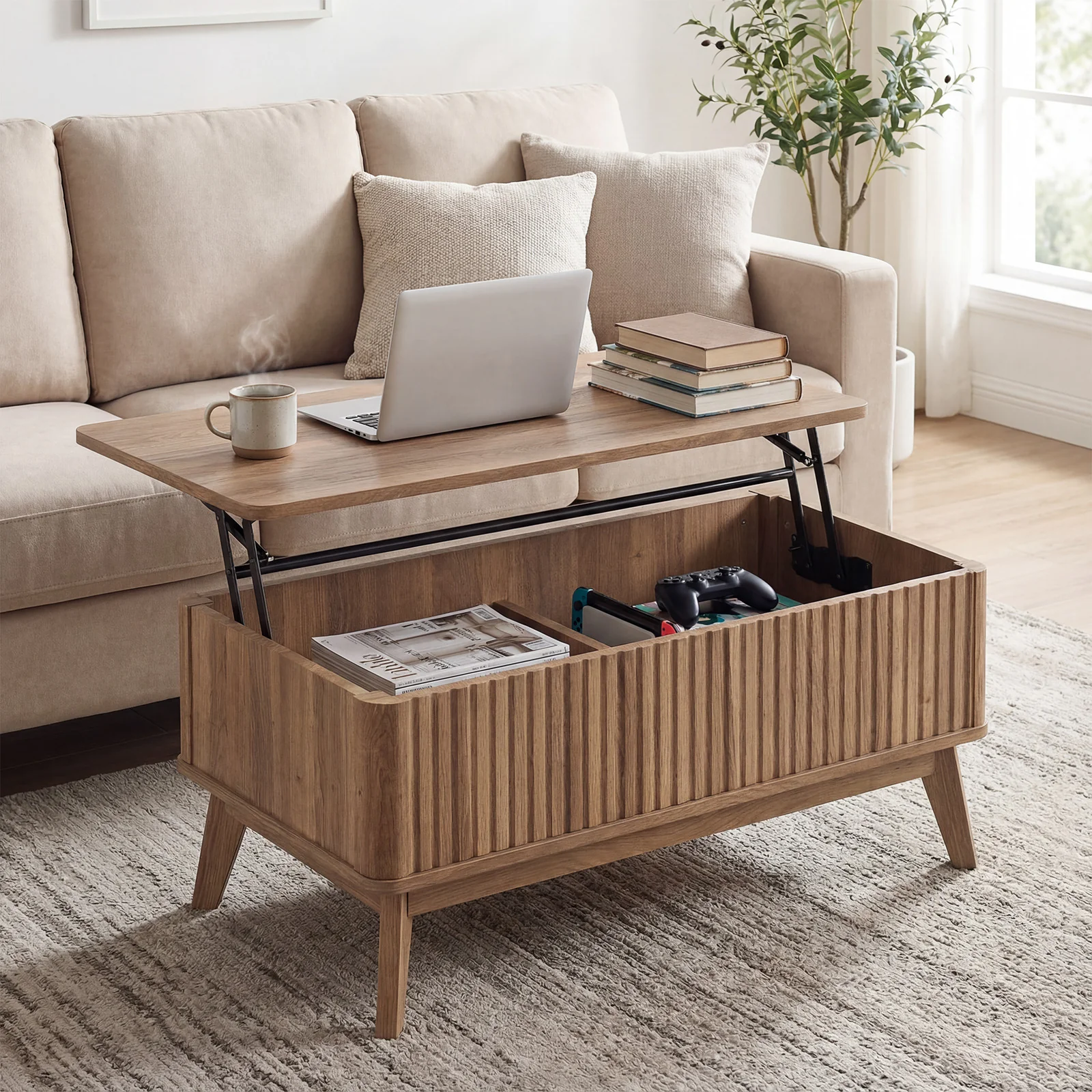 35.5" Rectangle Wooden Fluted Lift Top Coffee Table, Walnut - Image 8