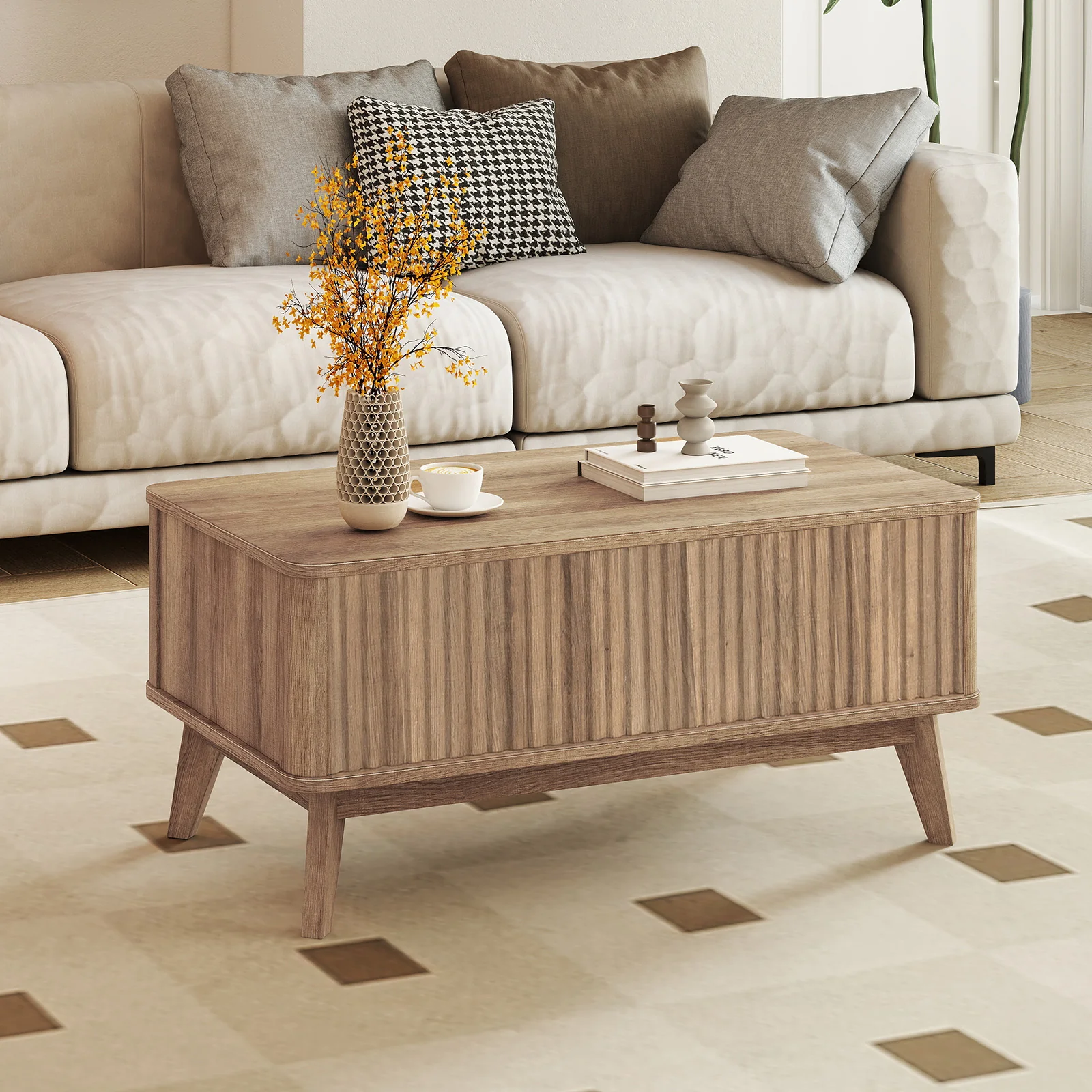 35.5" Rectangle Wooden Fluted Lift Top Coffee Table, Walnut - Image 9