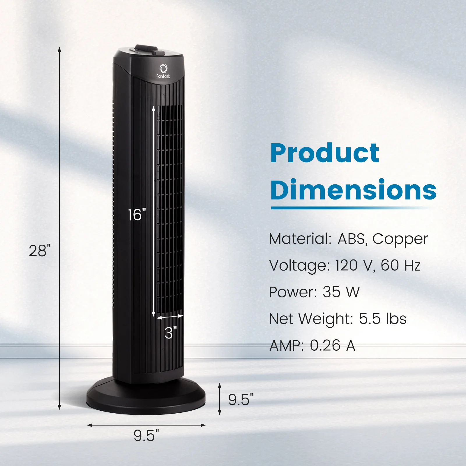 35W 28 Inch Bladeless Oscillating Tower Fan, Black - Image 6