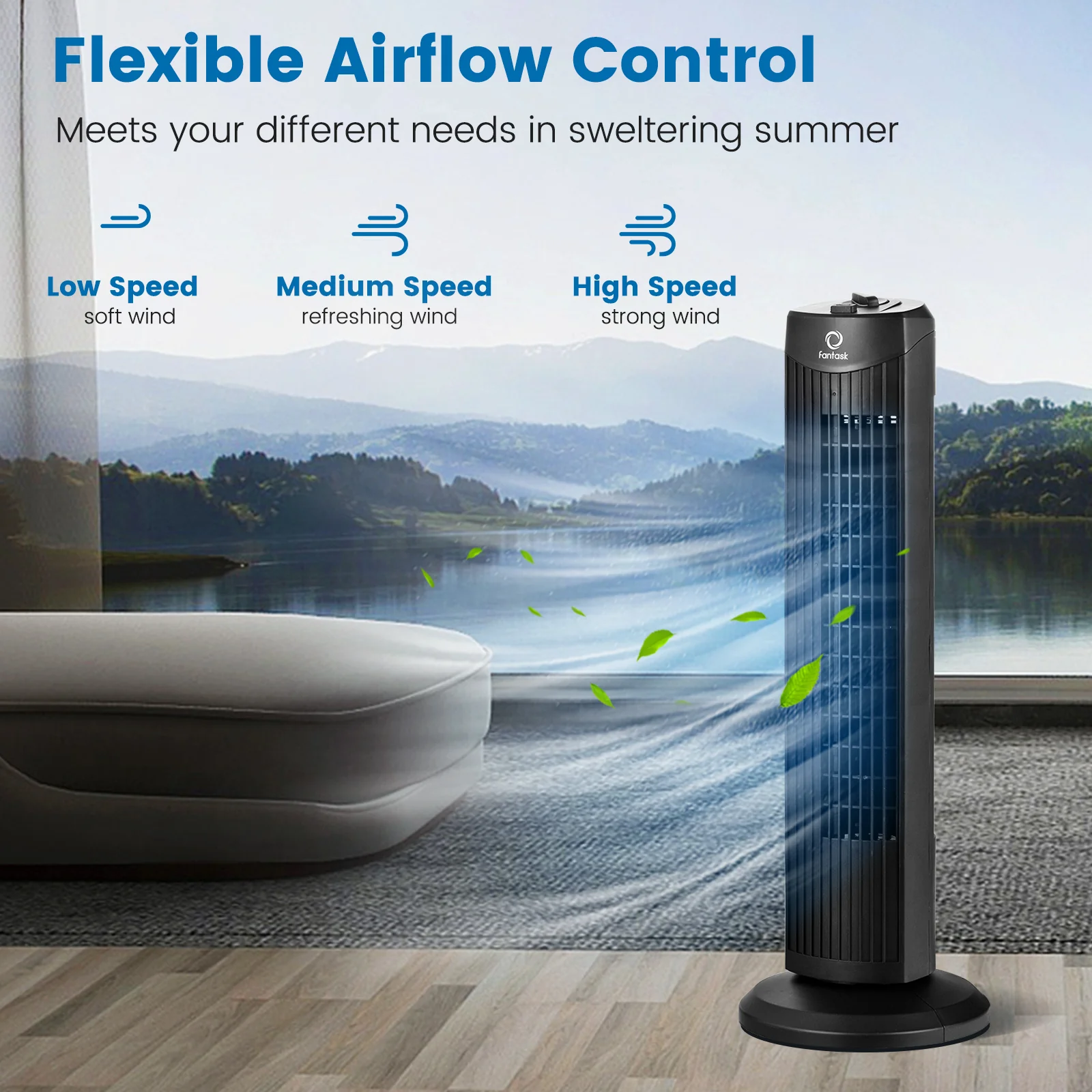 35W 28 Inch Bladeless Oscillating Tower Fan, Black - Image 7