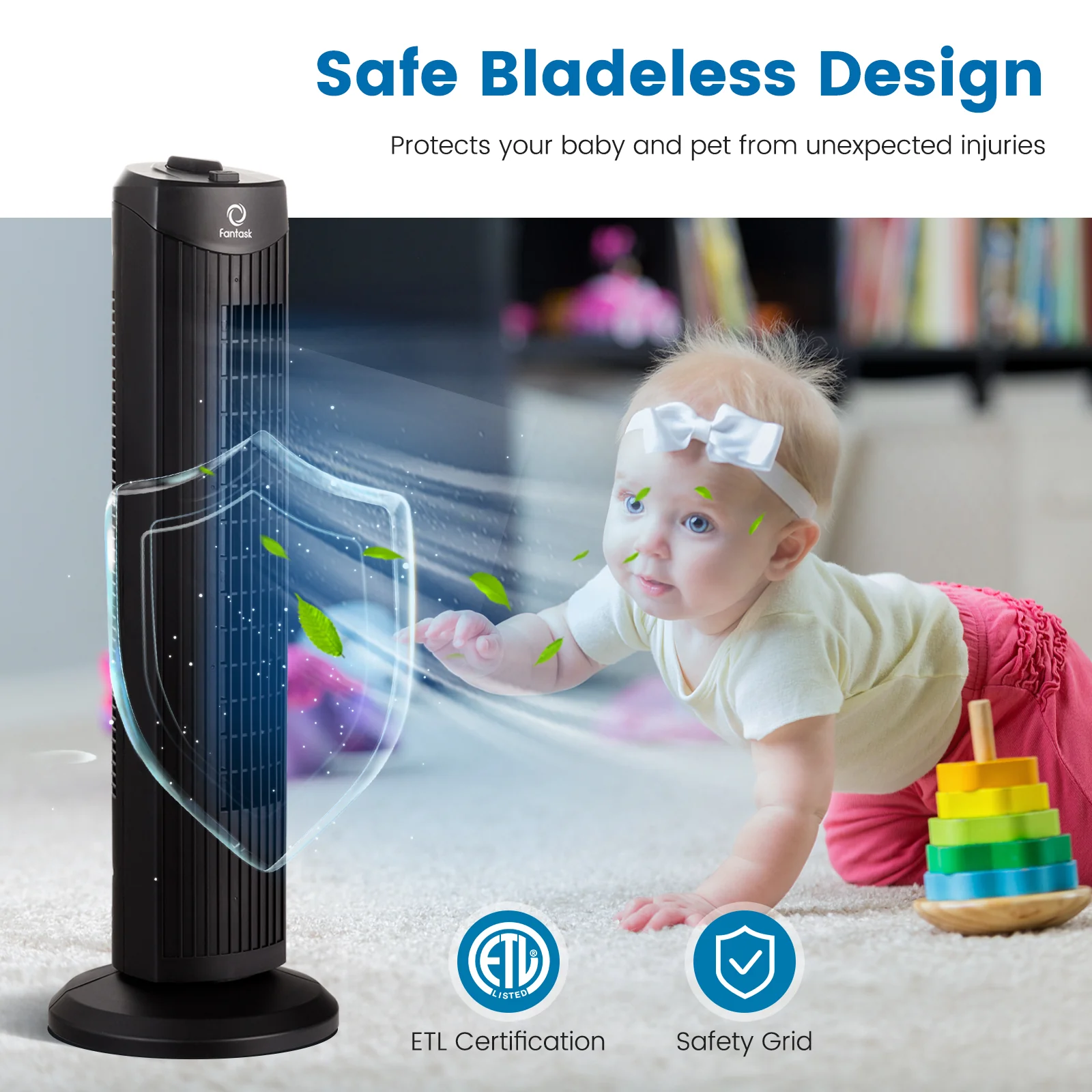 35W 28 Inch Bladeless Oscillating Tower Fan, Black - Image 9