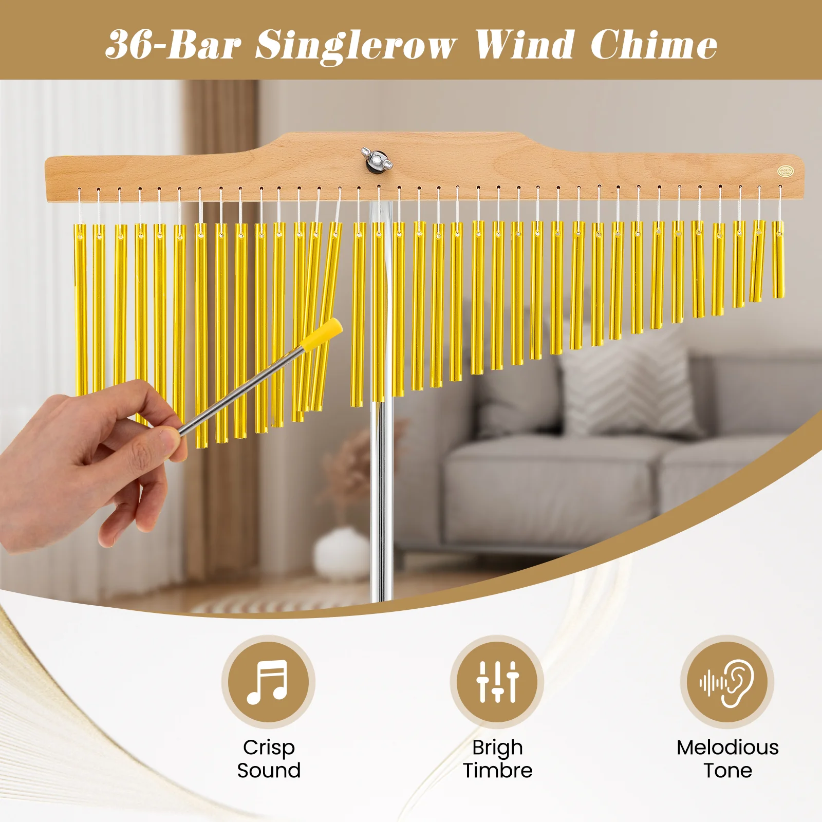 36-Bar Single-Row Chimes Percussion Instrument, Golden - Image 7