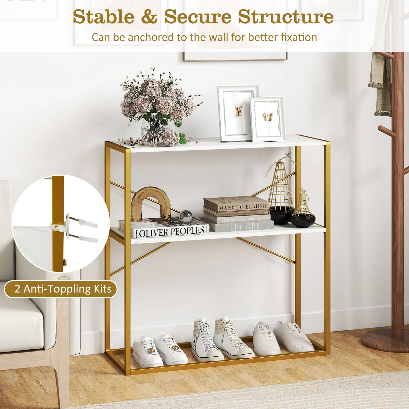 36" Console Table 2-Tier Entryway Table with Wooden Open Shelves and Metal Frame, White - Image 10