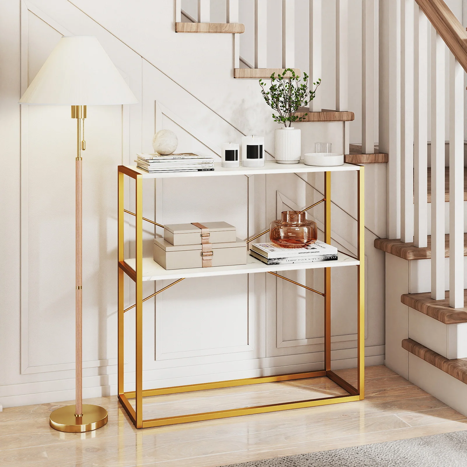 36" Console Table 2-Tier Entryway Table with Wooden Open Shelves and Metal Frame, White - Image 2