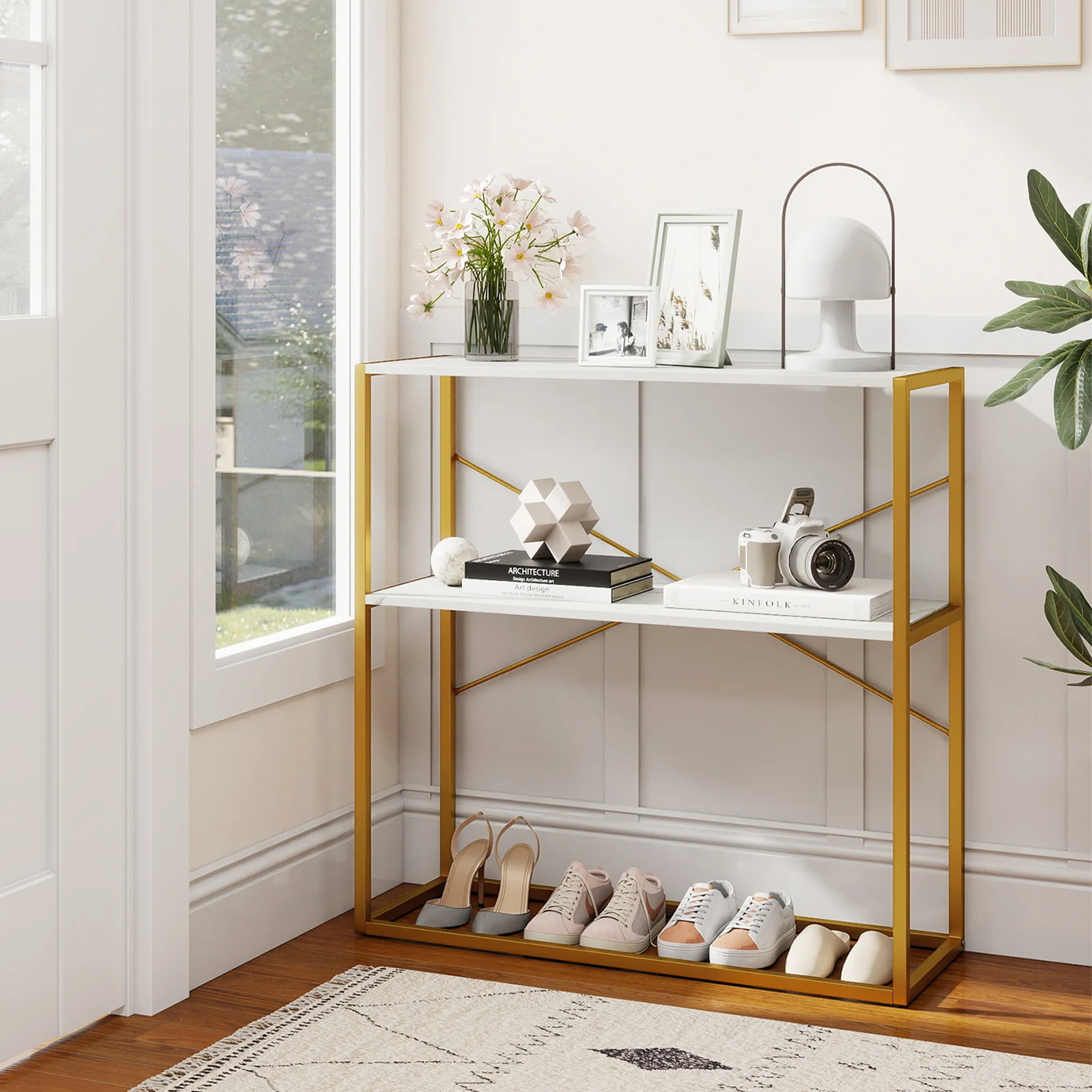36" Console Table 2-Tier Entryway Table with Wooden Open Shelves and Metal Frame, White - Image 3