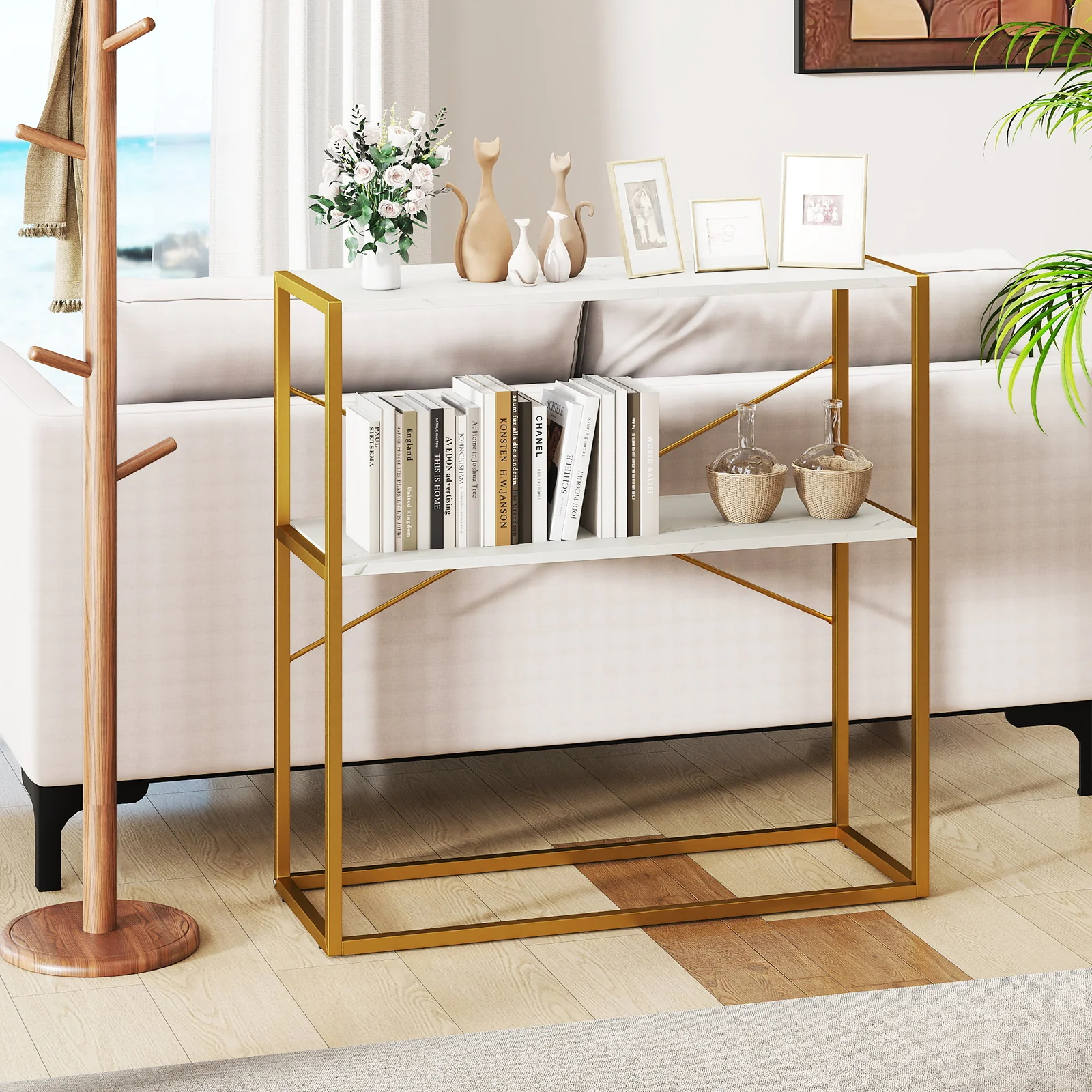 36" Console Table 2-Tier Entryway Table with Wooden Open Shelves and Metal Frame, White - Image 7