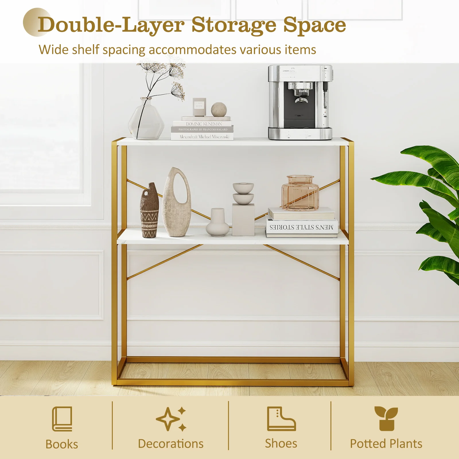 36" Console Table 2-Tier Entryway Table with Wooden Open Shelves and Metal Frame, White - Image 9