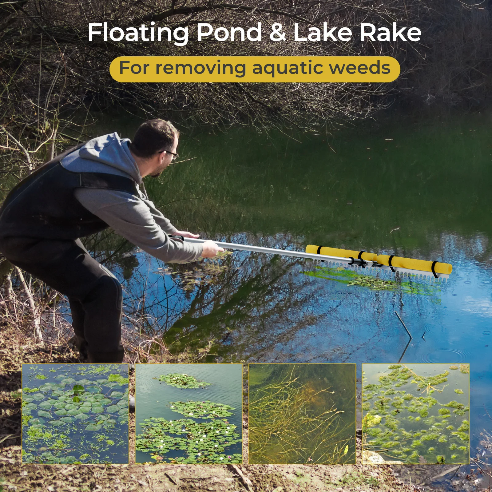 36” Floating Weed Lake Rake, Aquatic Pond Cutter With Foam Floats - Image 5