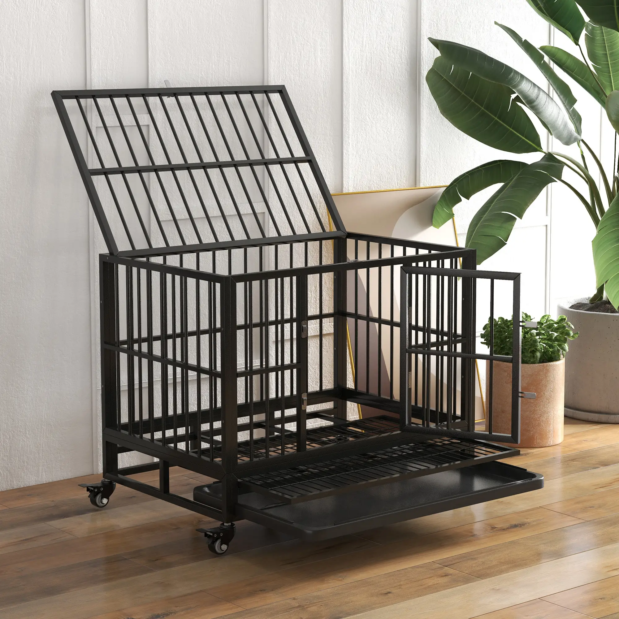36" Heavy Duty Steel Dog Crate, Kennel with Wheels, Grey - Image 10