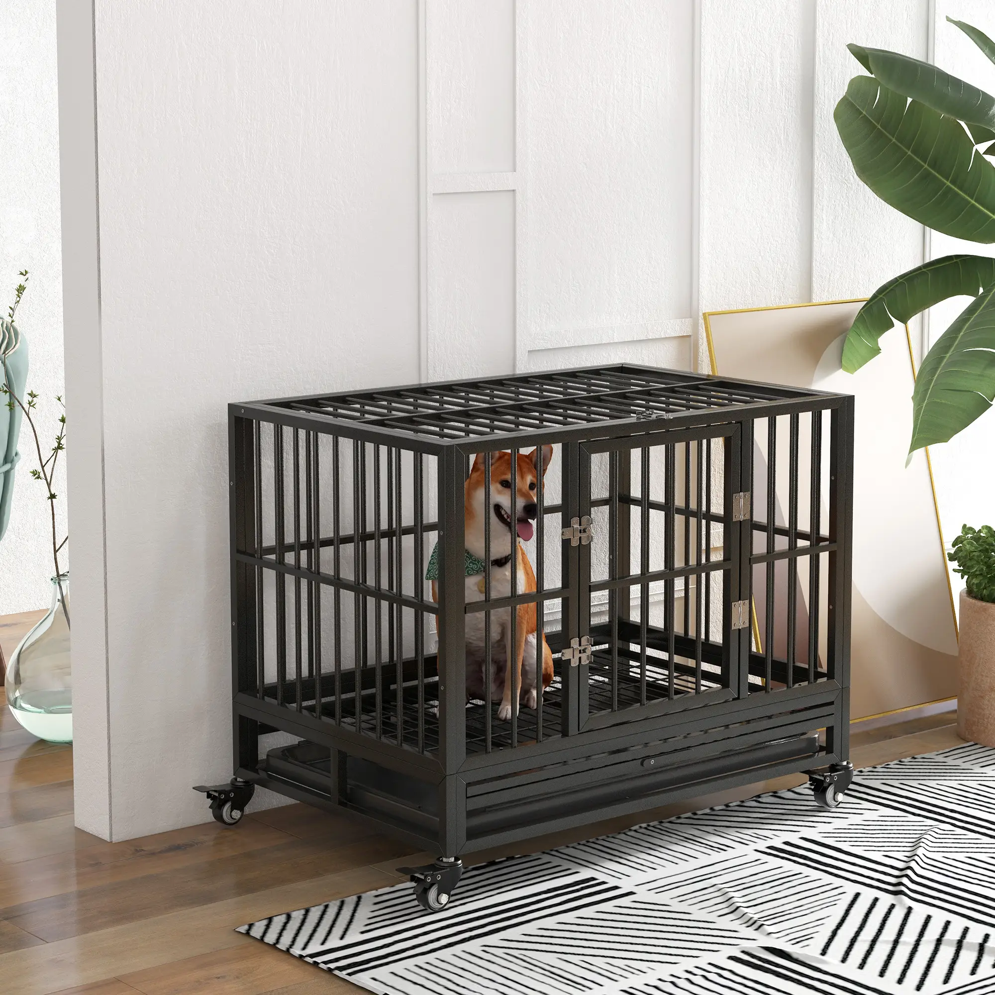 36" Heavy Duty Steel Dog Crate, Kennel with Wheels, Grey - Image 2