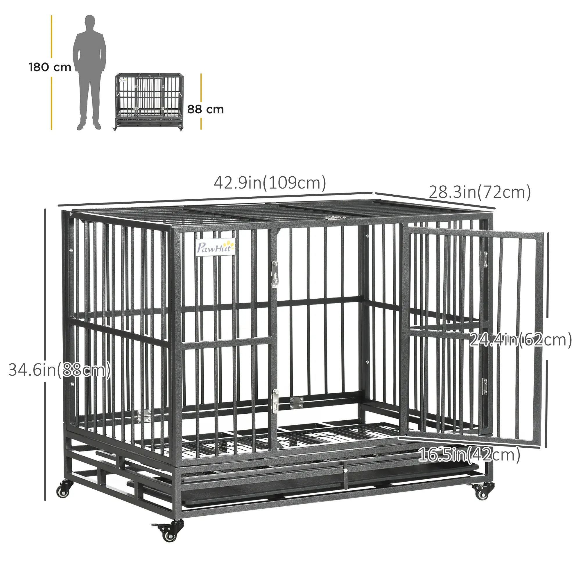 36" Heavy Duty Steel Dog Crate, Kennel with Wheels, Grey - Image 3