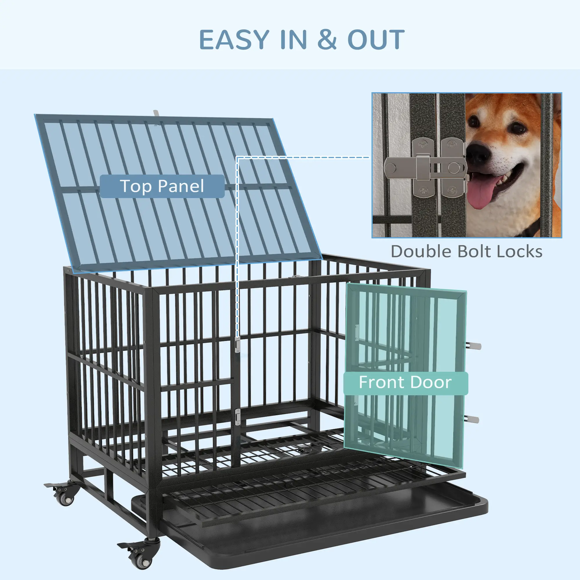 36" Heavy Duty Steel Dog Crate, Kennel with Wheels, Grey - Image 5