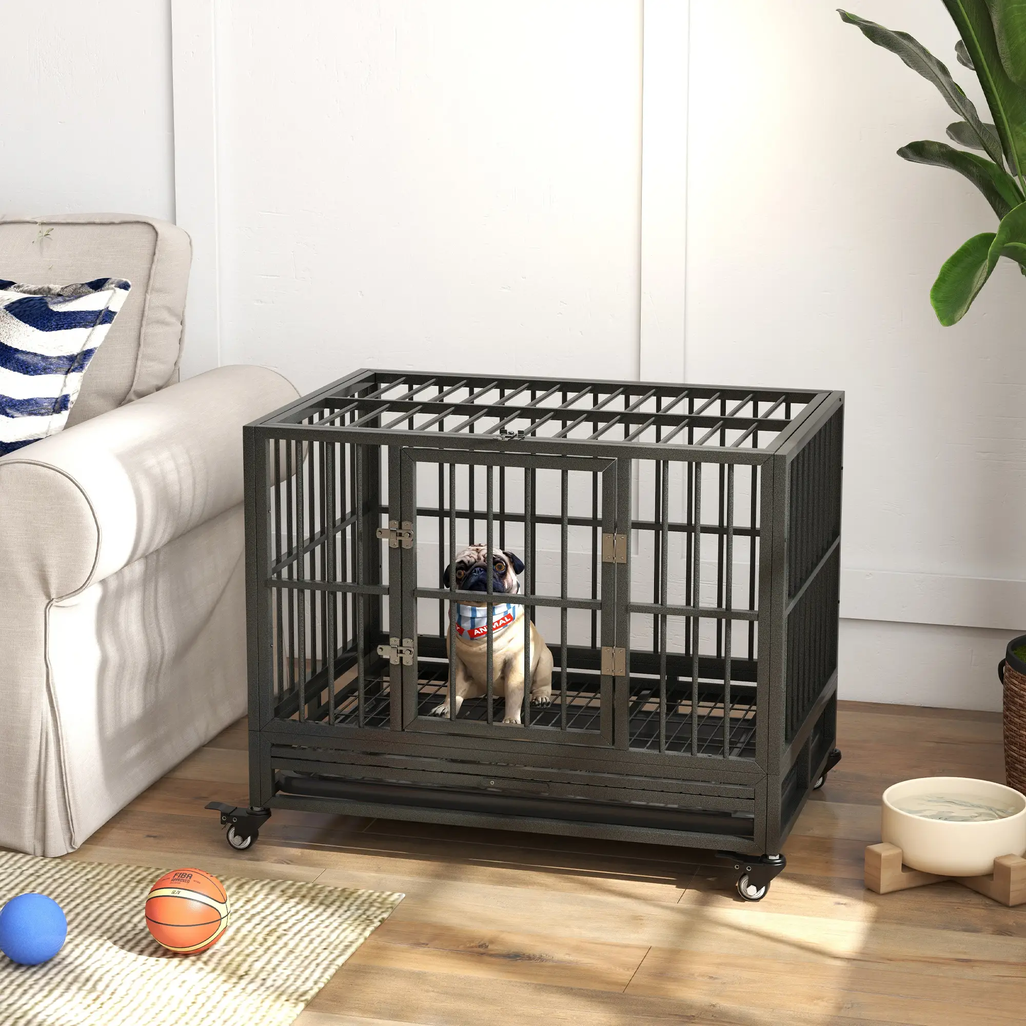 36" Heavy Duty Steel Dog Crate, Kennel with Wheels, Grey - Image 8