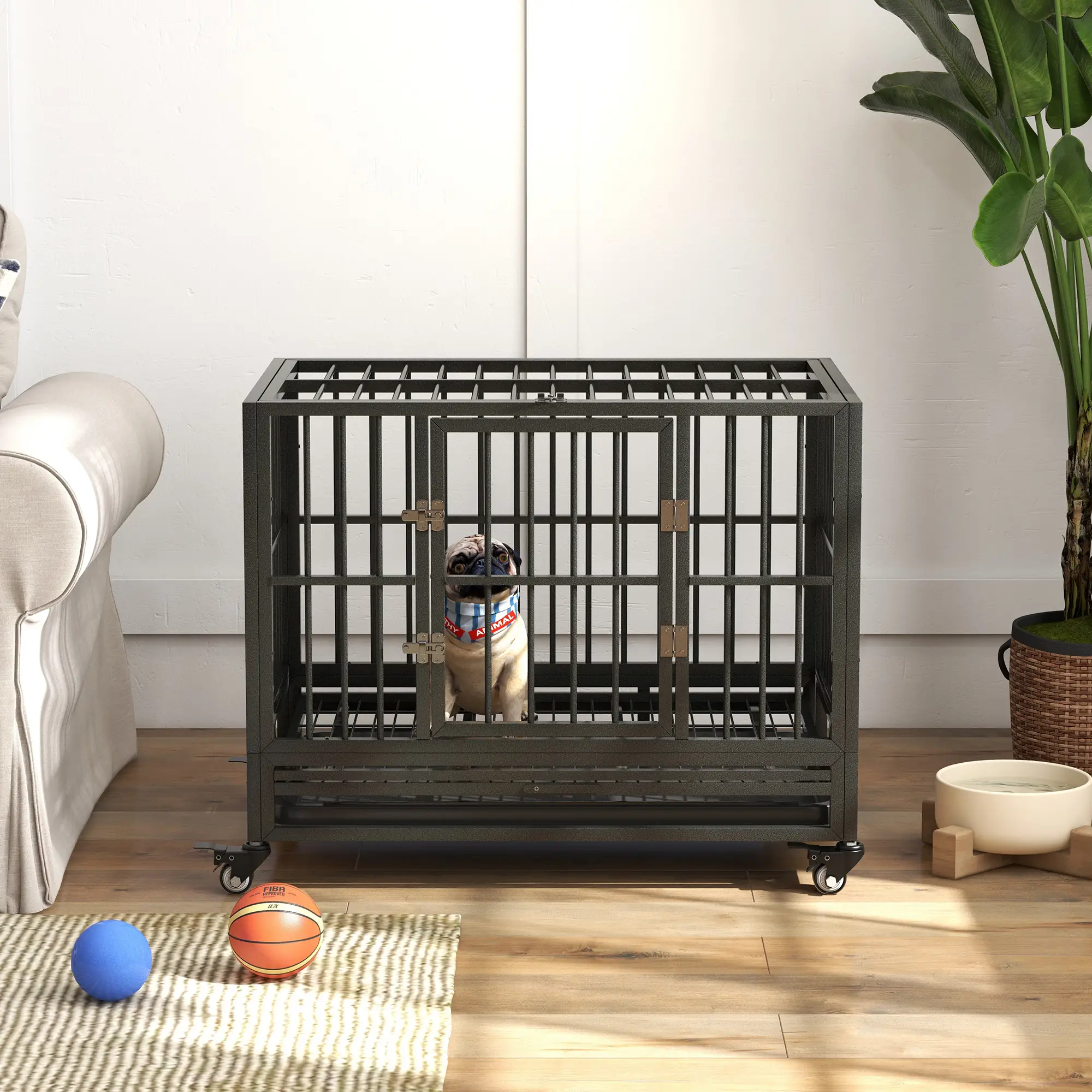 36" Heavy Duty Steel Dog Crate, Kennel with Wheels, Grey - Image 9