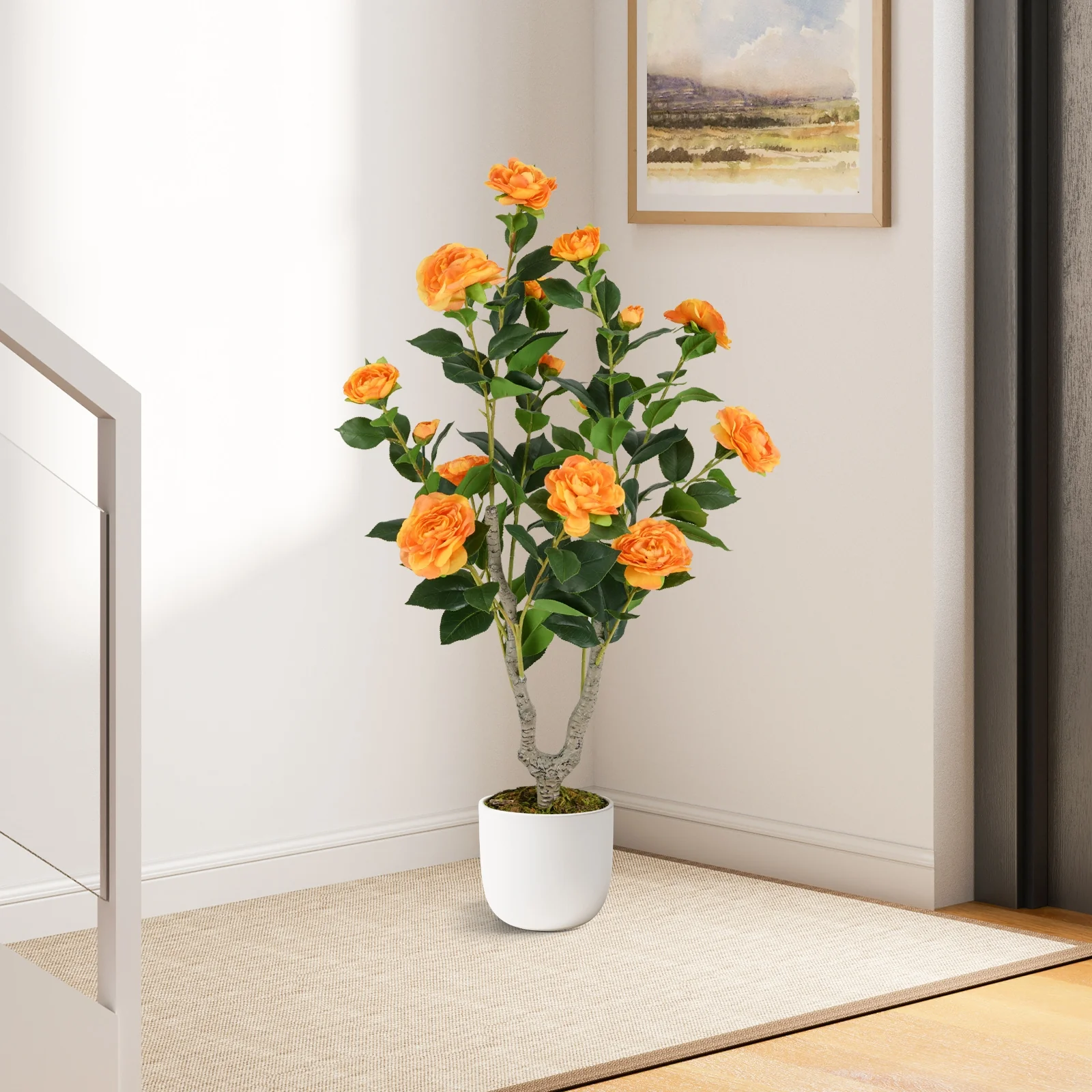 36 Inch Artificial Camellia Tree, Blooming Flower, Orange - Image 3