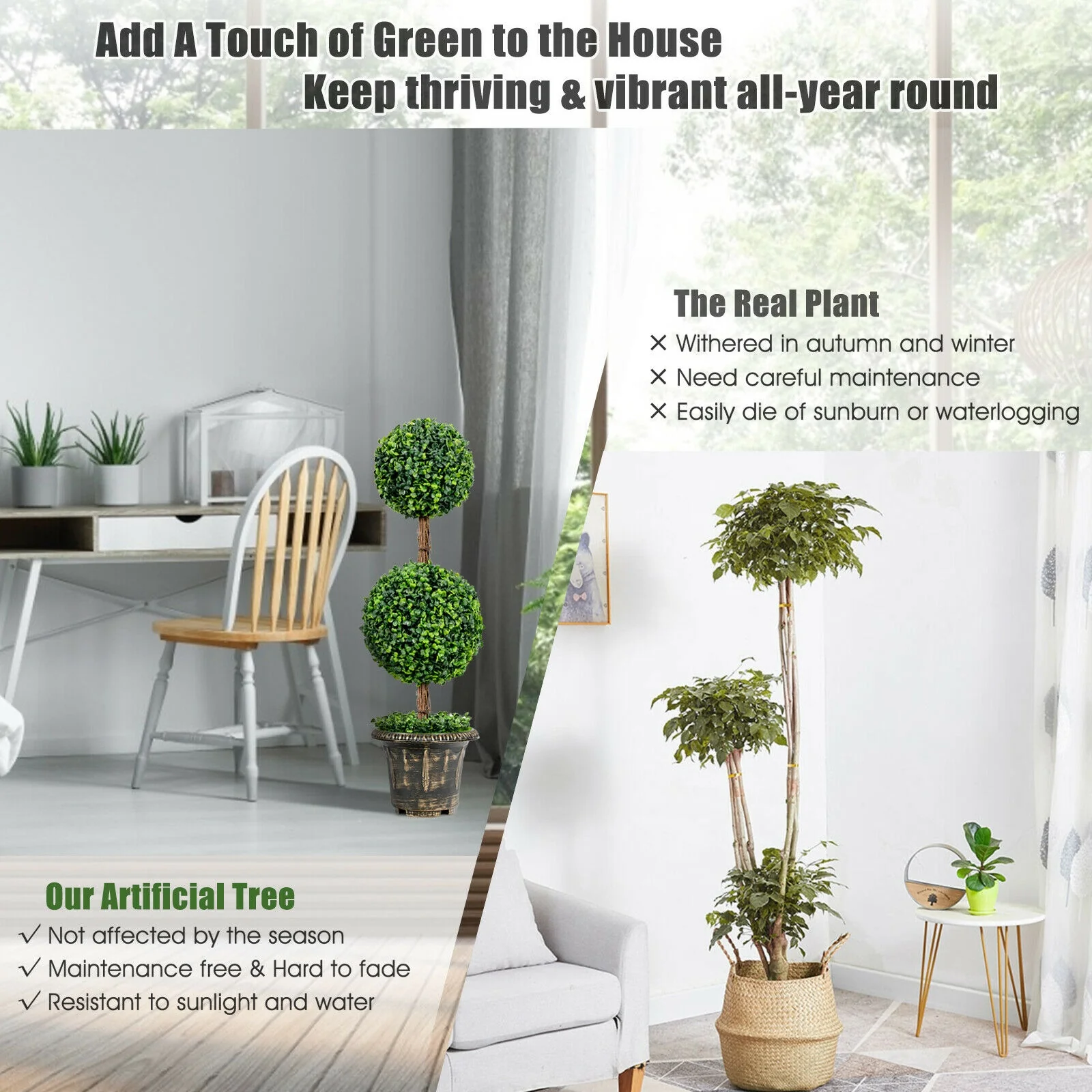 36 Inch Artificial Double Ball Tree, Indoor Outdoor UV Protection, Green - Image 10