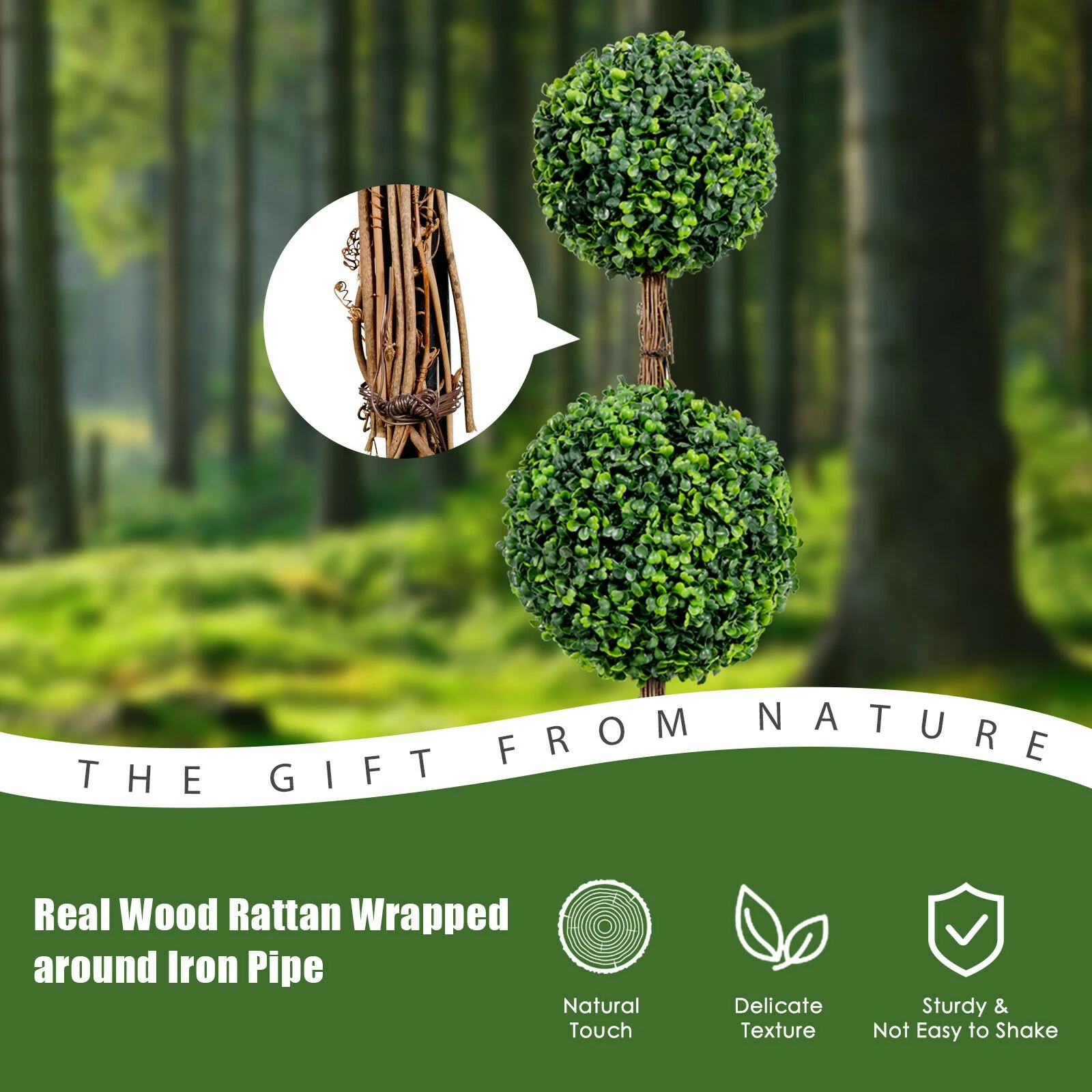 36 Inch Artificial Double Ball Tree, Indoor Outdoor UV Protection, Green - Image 3