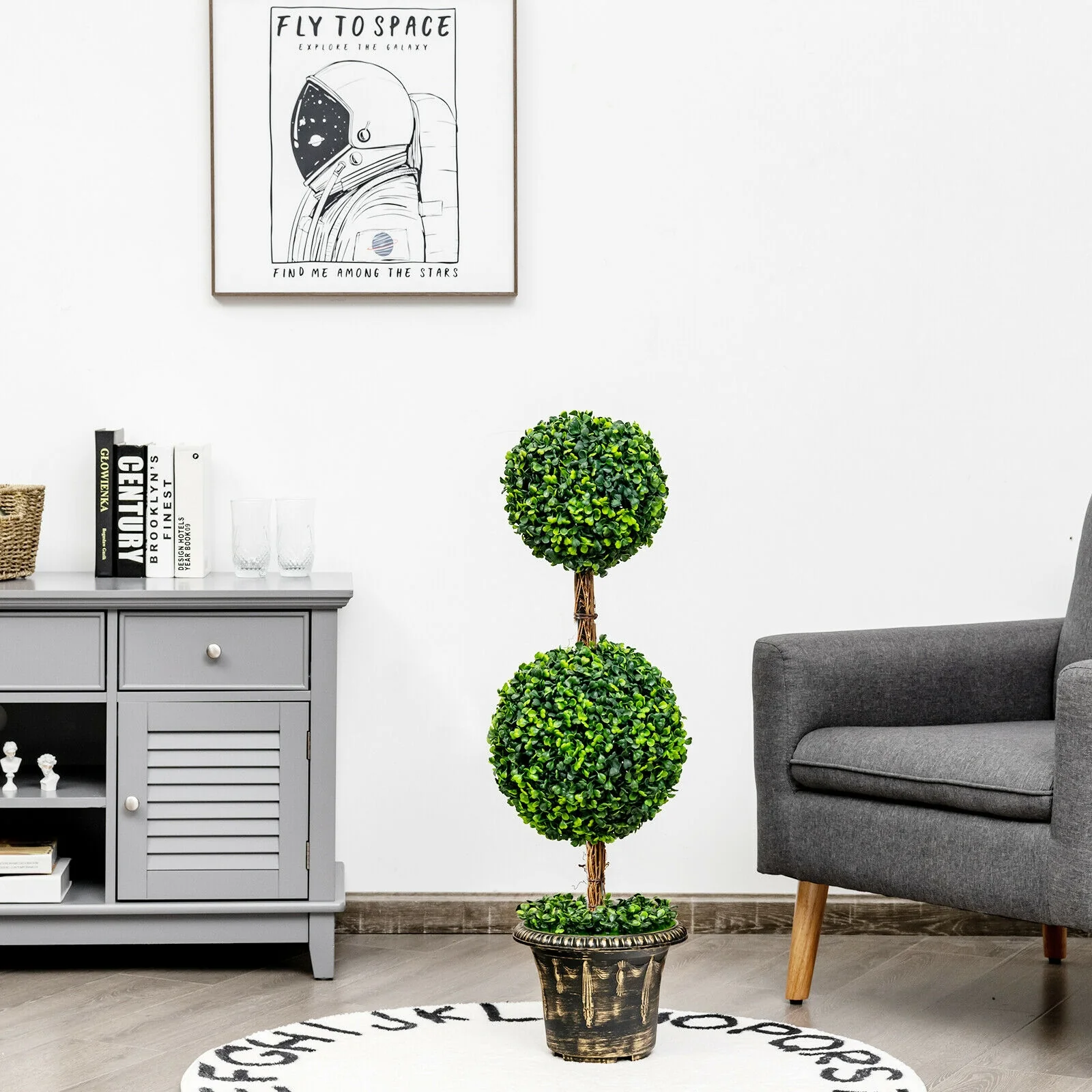 36 Inch Artificial Double Ball Tree, Indoor Outdoor UV Protection, Green - Image 8