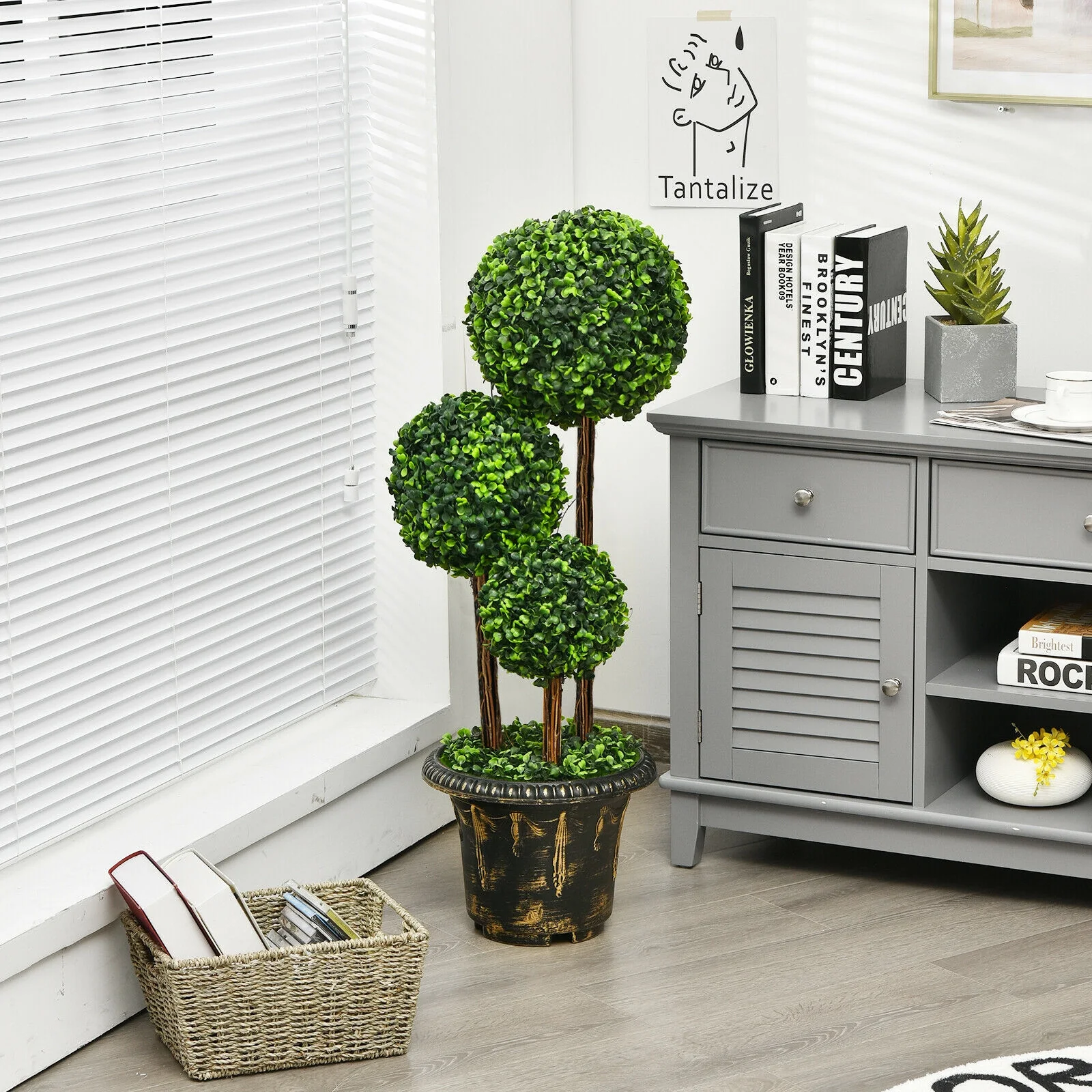 36-Inch Artificial Topiary Triple Ball Tree, Indoor Outdoor, Green - Image 2