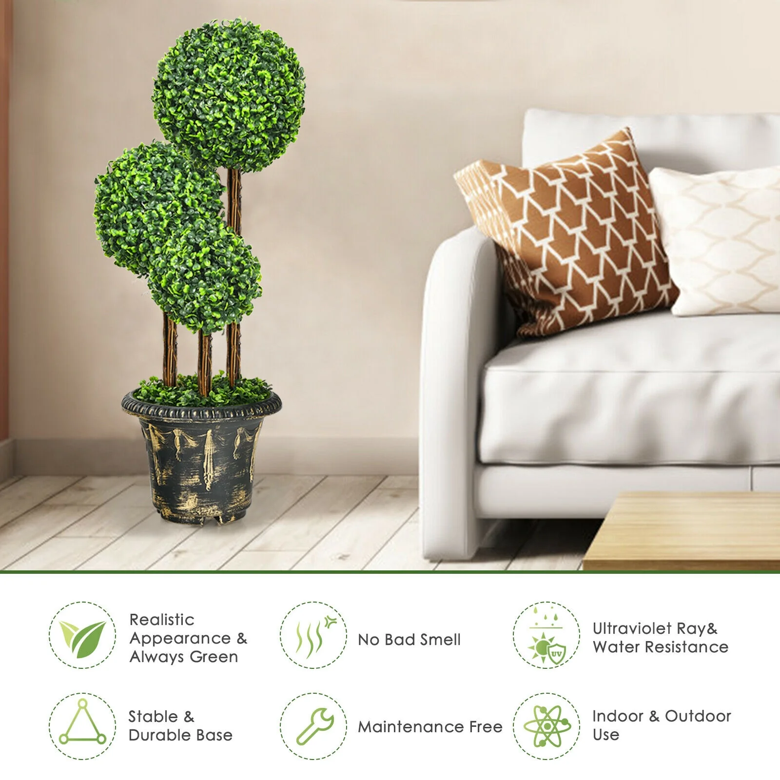 36-Inch Artificial Topiary Triple Ball Tree, Indoor Outdoor, Green - Image 3