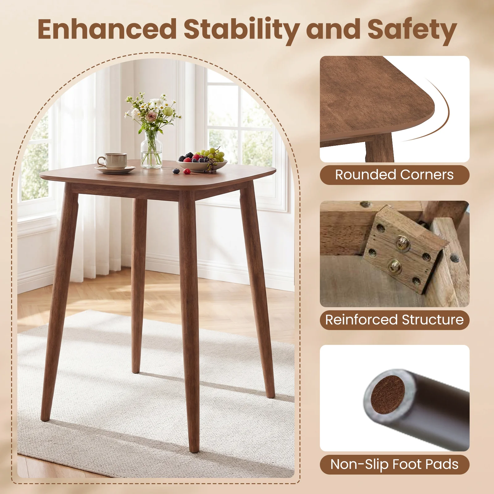36 Inch Counter Height Bar Table, Solid Rubber Wood Legs, Walnut - Image 9