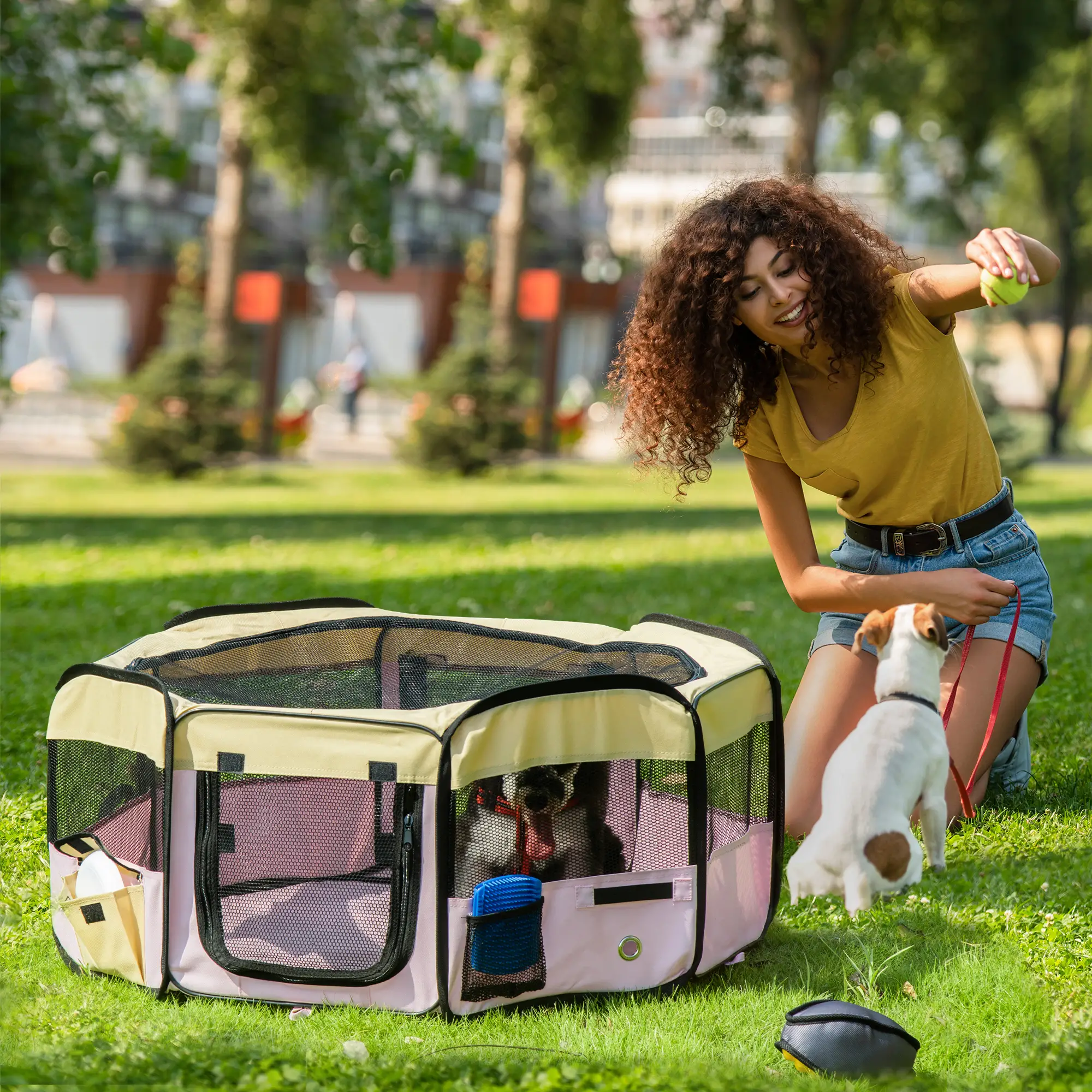 36-Inch Large Pet Playpen, Portable Dog Cat Cage, Carry Bag, Pink