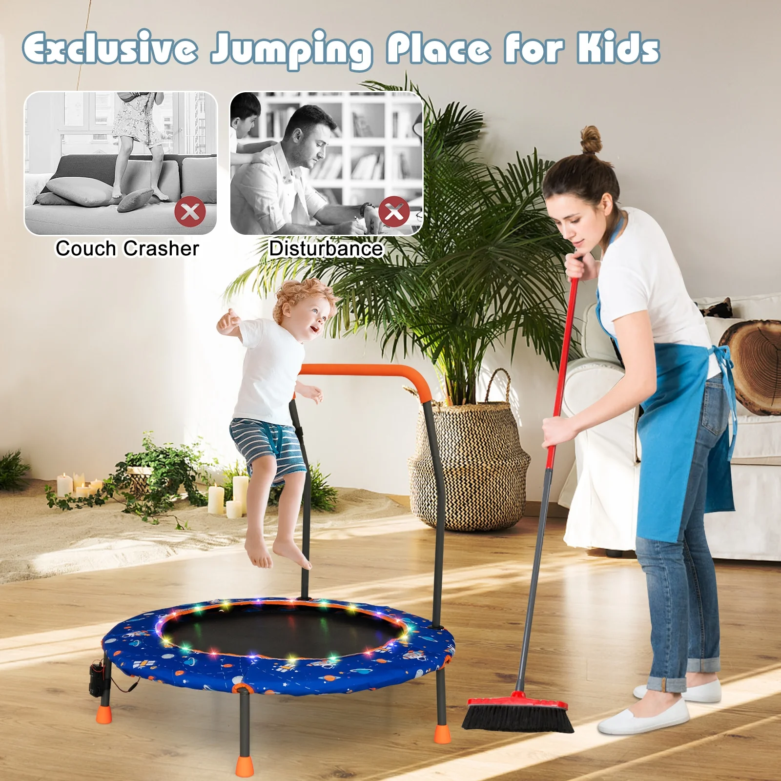 36 Inch Mini Trampoline, LED Lights, Bluetooth Speaker, Blue - Image 3