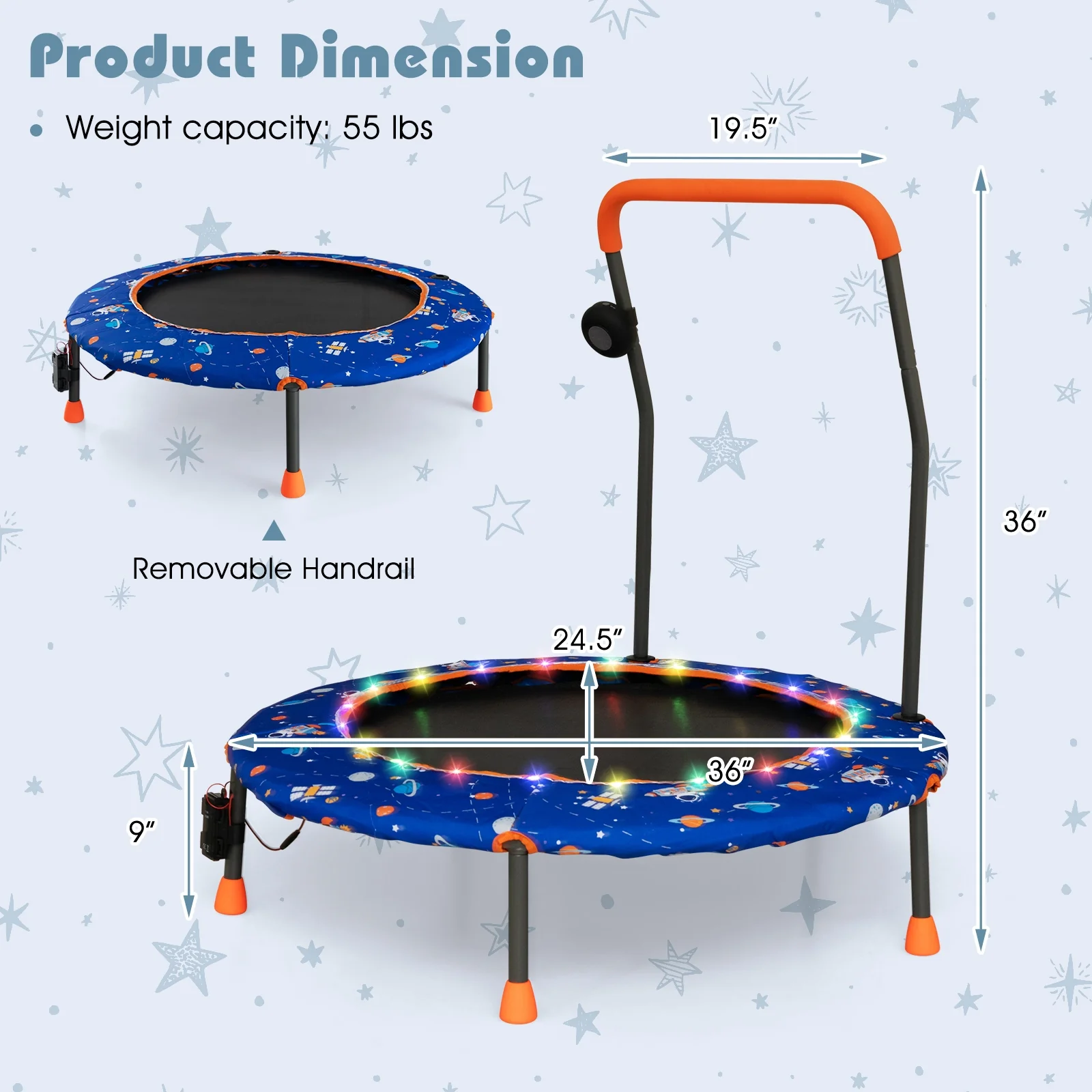 36 Inch Mini Trampoline, LED Lights, Bluetooth Speaker, Blue - Image 6