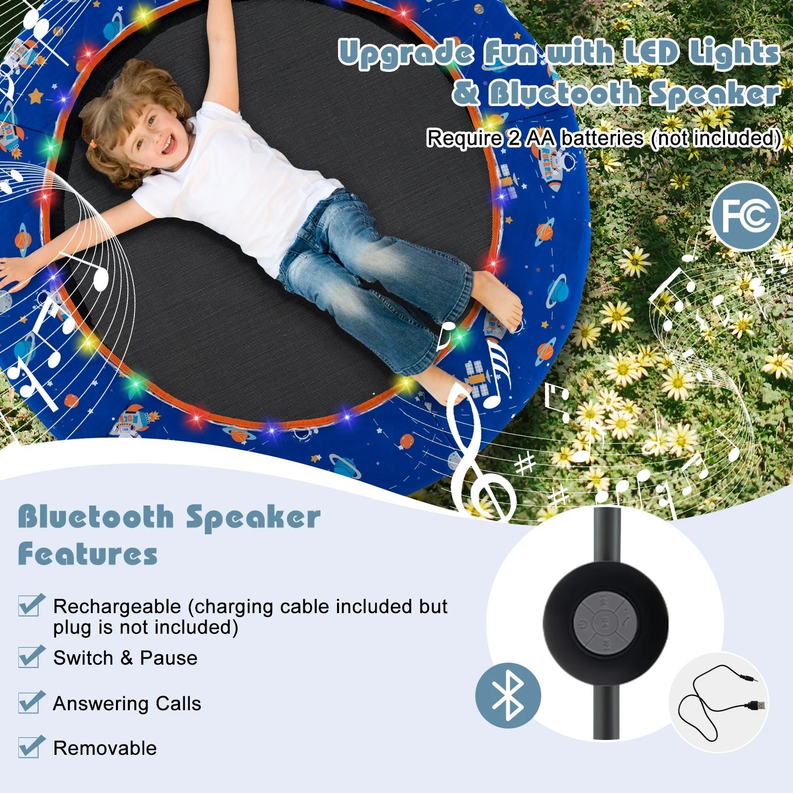 36 Inch Mini Trampoline, LED Lights, Bluetooth Speaker, Blue - Image 7