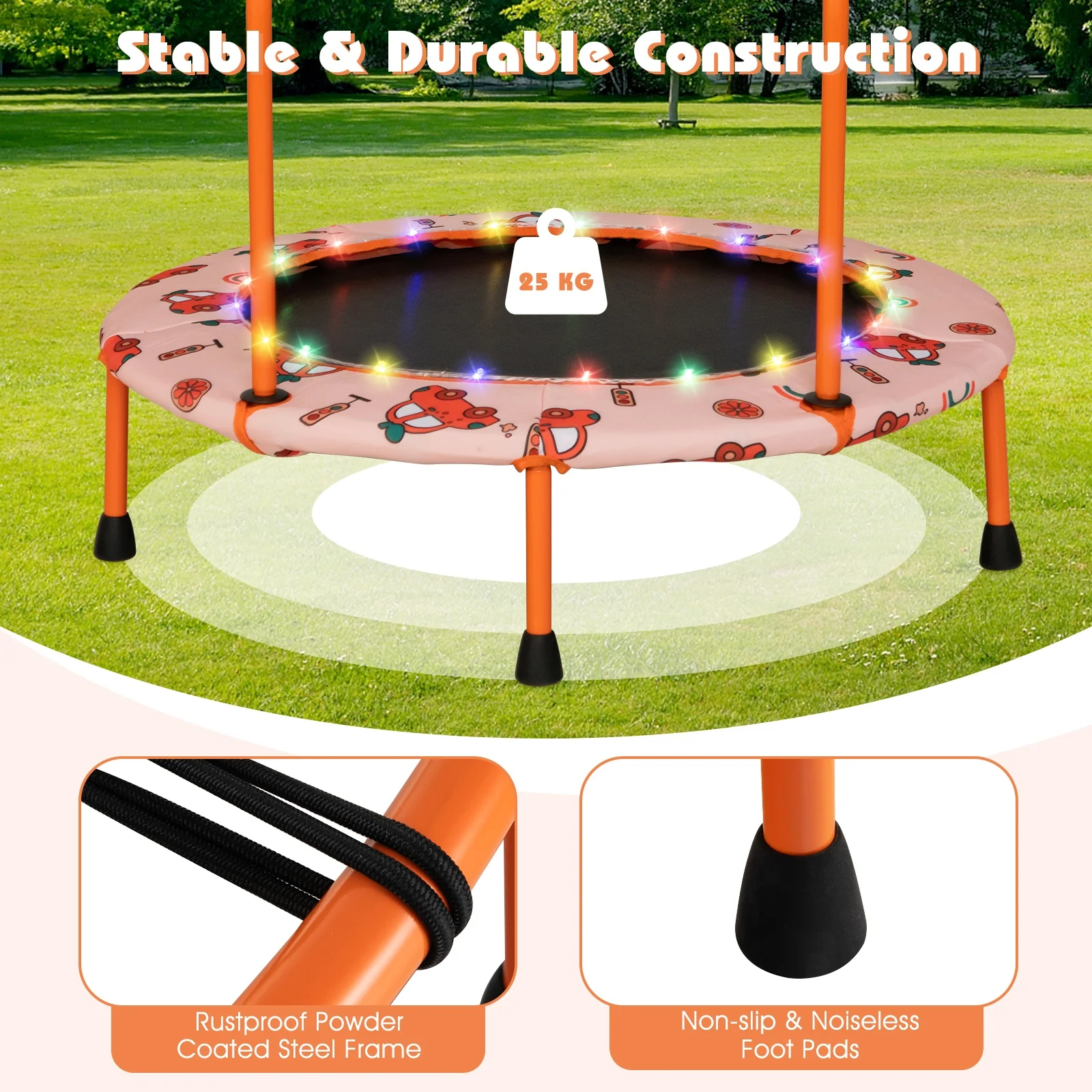 36 Inch Mini Trampoline With LED Lights, Bluetooth Speaker, Orange - Image 10