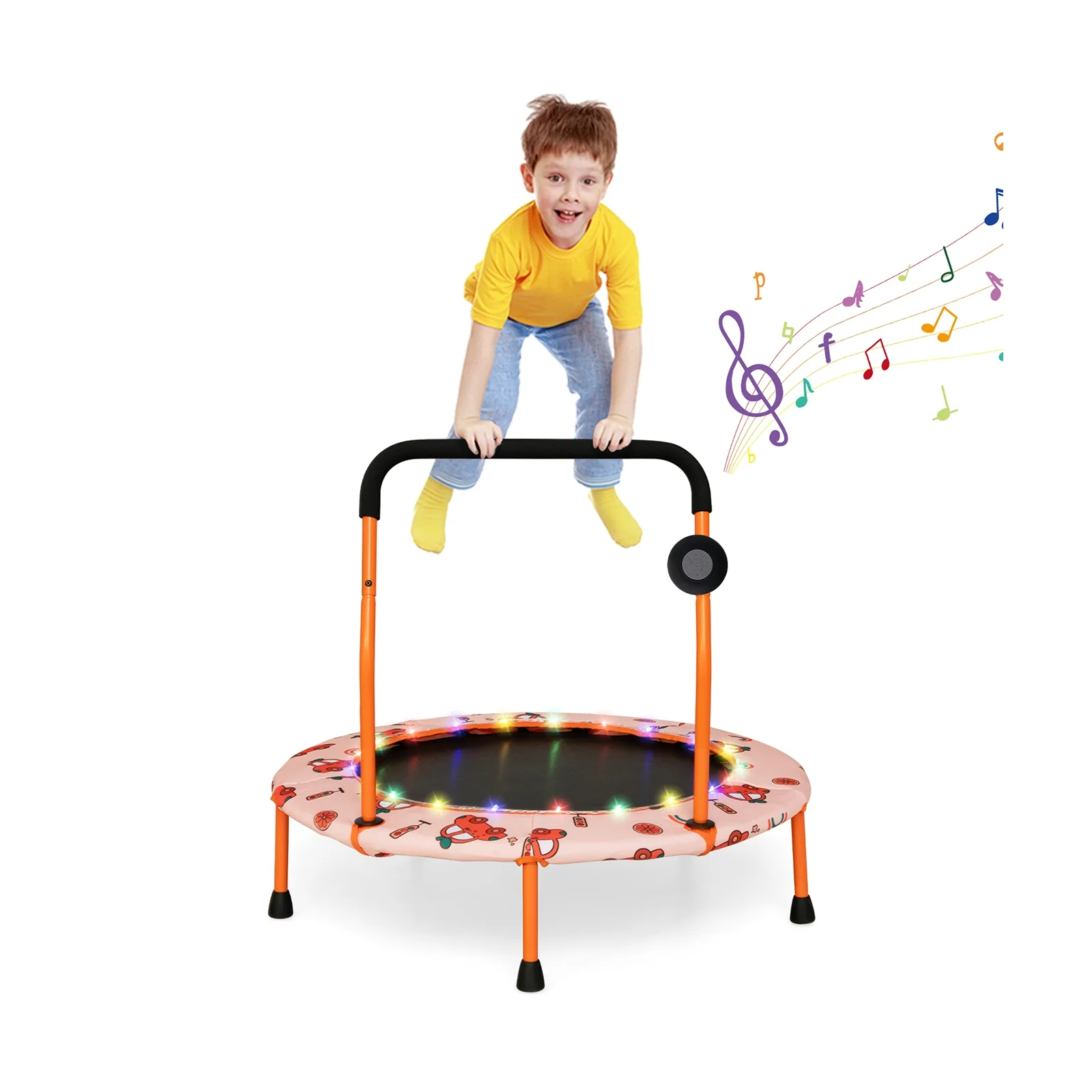 36 Inch Mini Trampoline With LED Lights, Bluetooth Speaker, Orange - Image 5