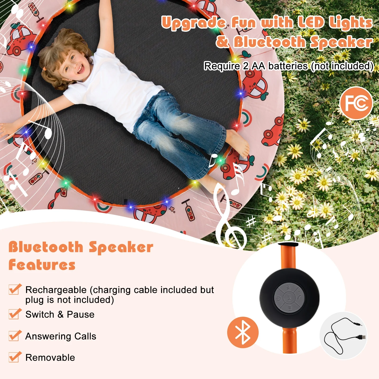 36 Inch Mini Trampoline With LED Lights, Bluetooth Speaker, Orange - Image 7
