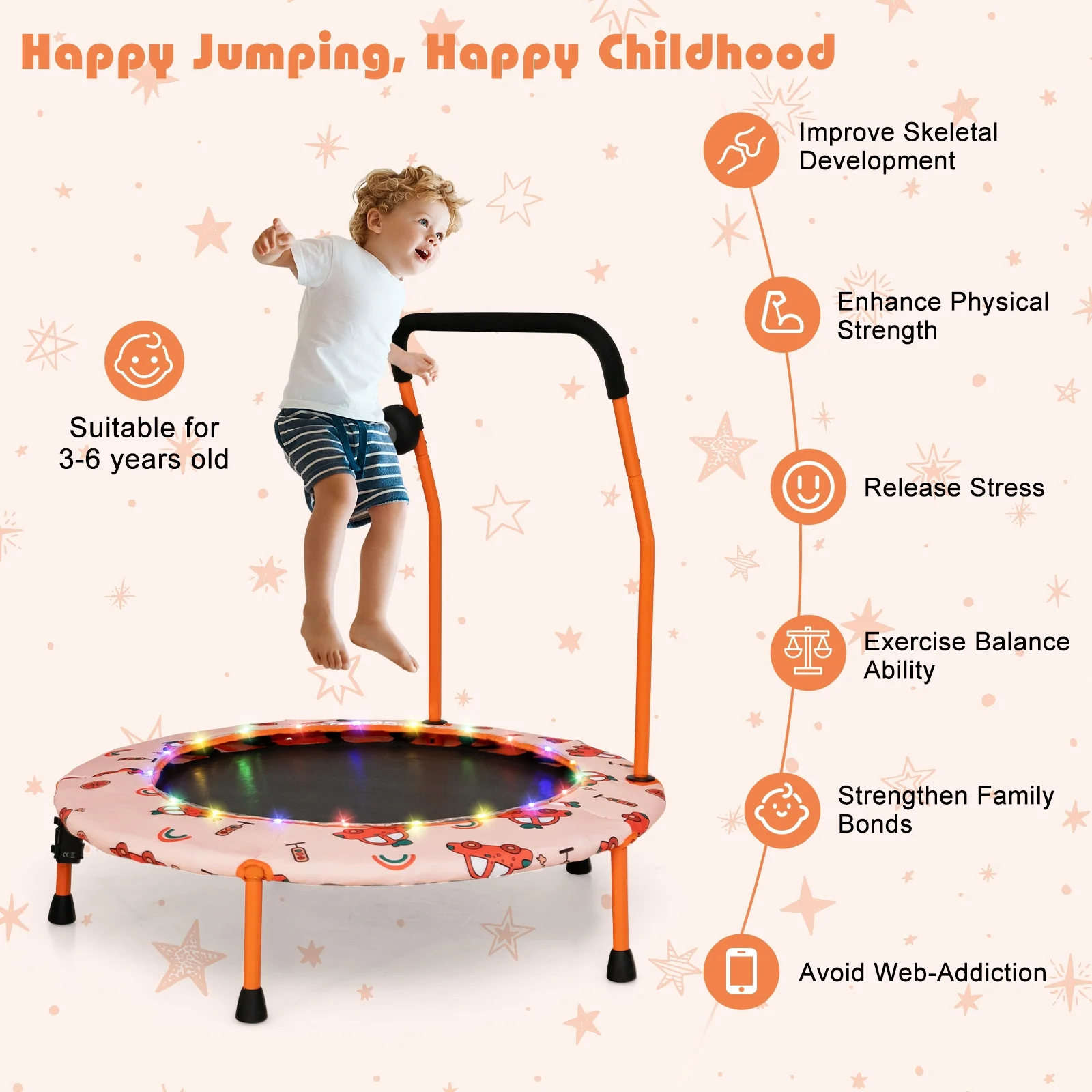36 Inch Mini Trampoline With LED Lights, Bluetooth Speaker, Orange - Image 8