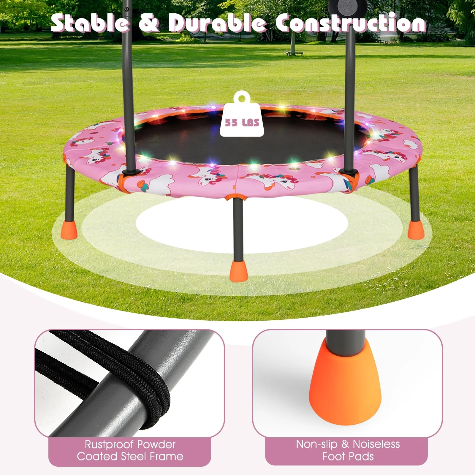 36 Inch Mini Trampoline With LED Lights, Bluetooth Speaker, Pink - Image 10