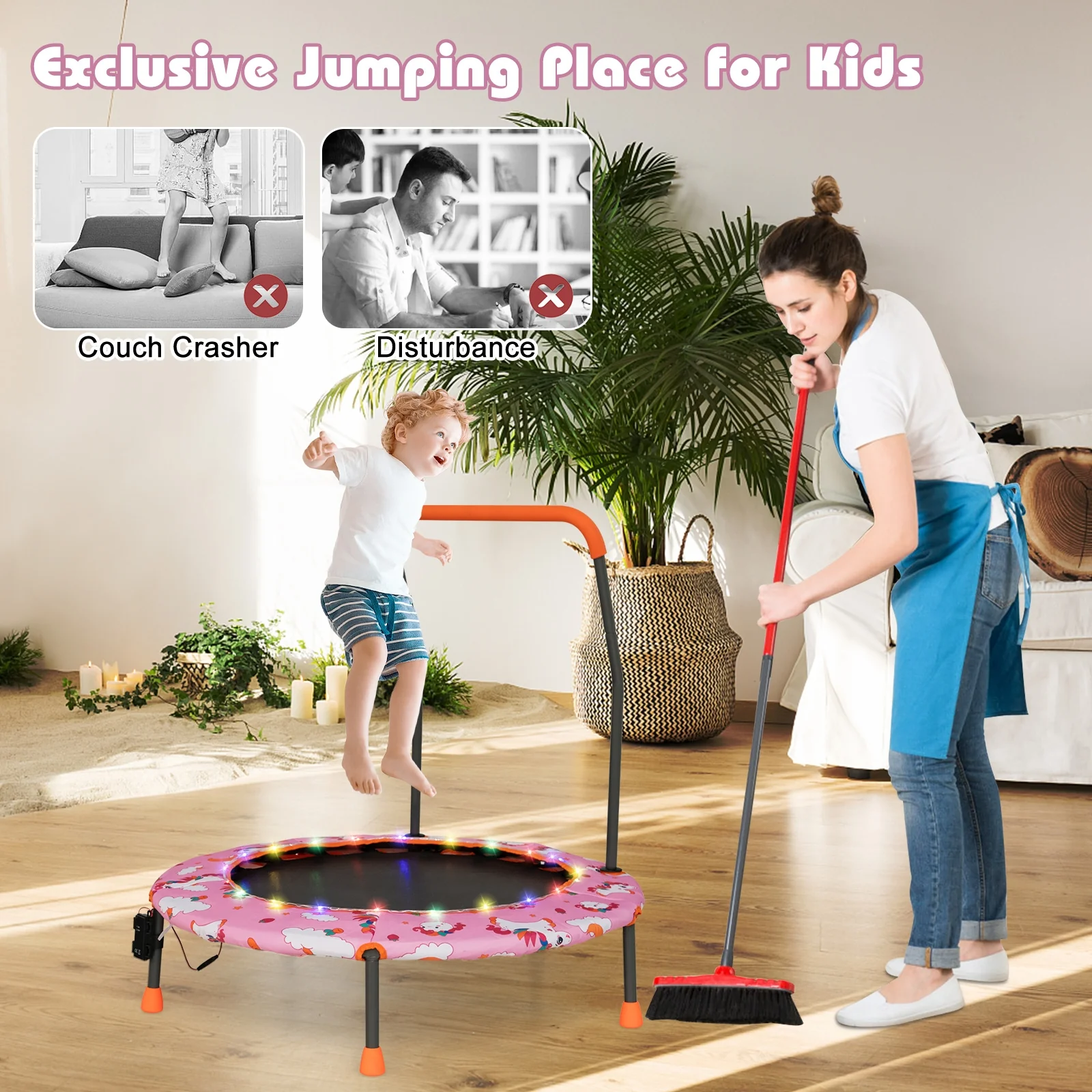 36 Inch Mini Trampoline With LED Lights, Bluetooth Speaker, Pink - Image 3