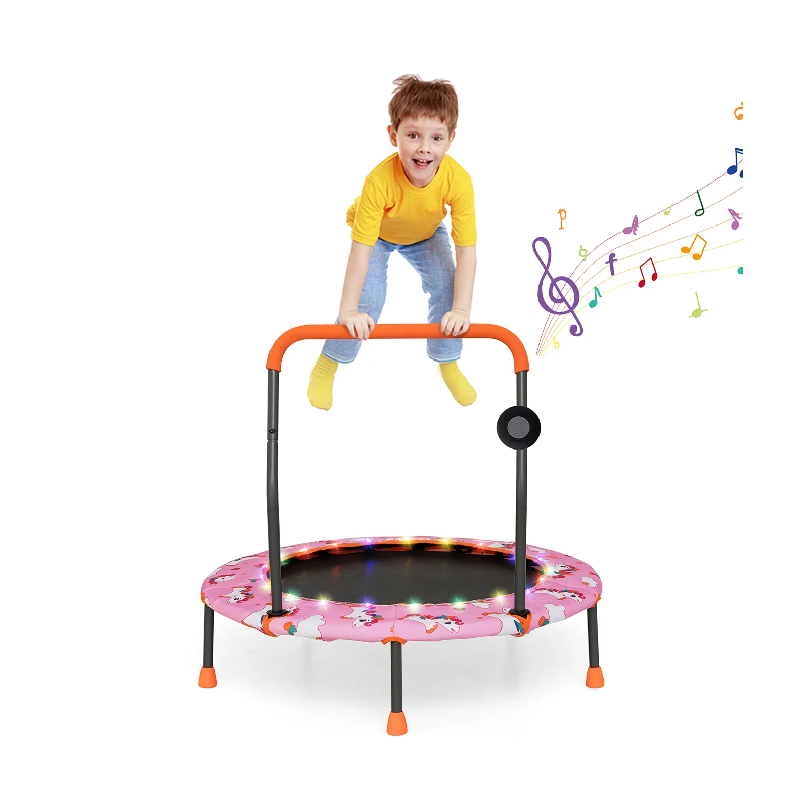 36 Inch Mini Trampoline With LED Lights, Bluetooth Speaker, Pink - Image 5