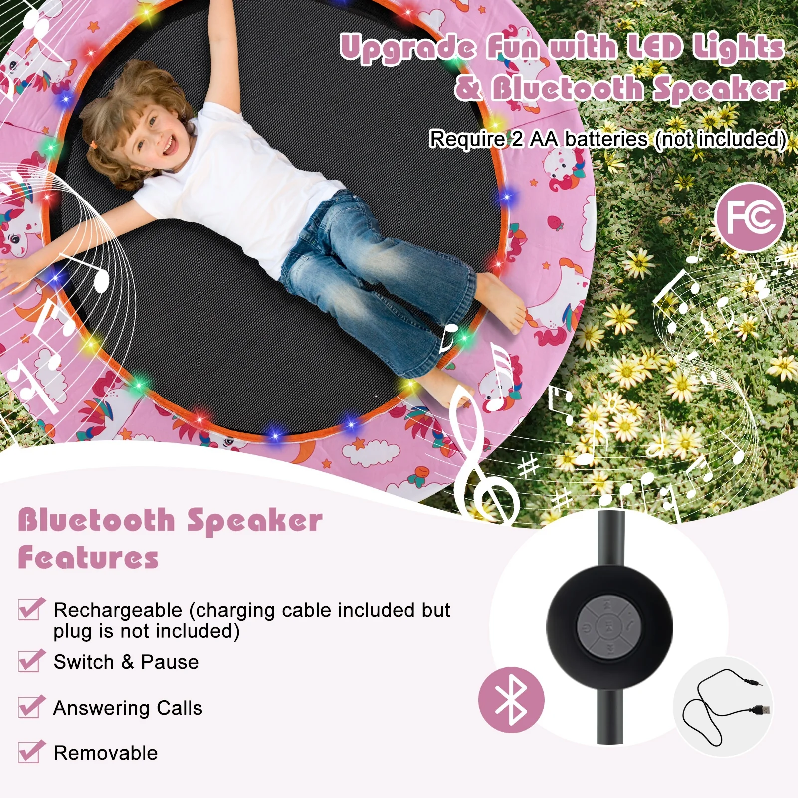 36 Inch Mini Trampoline With LED Lights, Bluetooth Speaker, Pink - Image 7