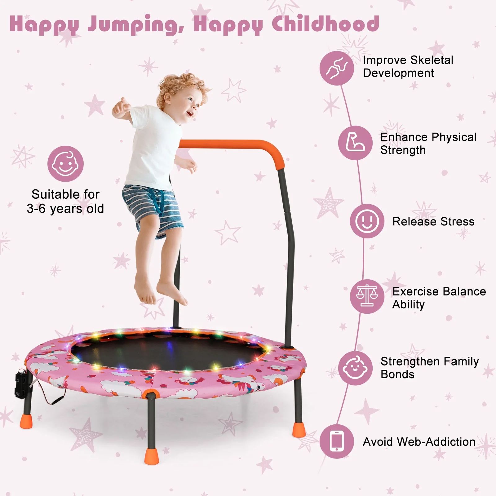 36 Inch Mini Trampoline With LED Lights, Bluetooth Speaker, Pink - Image 8