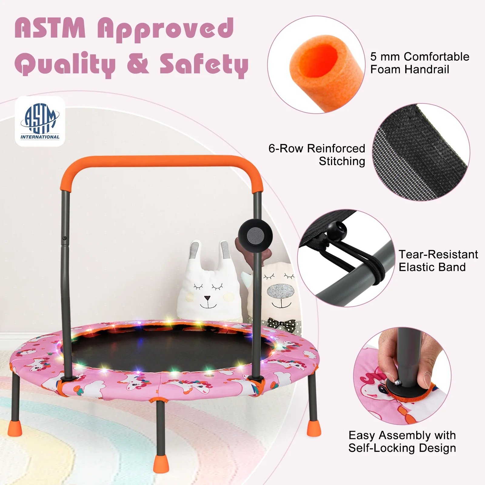 36 Inch Mini Trampoline With LED Lights, Bluetooth Speaker, Pink - Image 9
