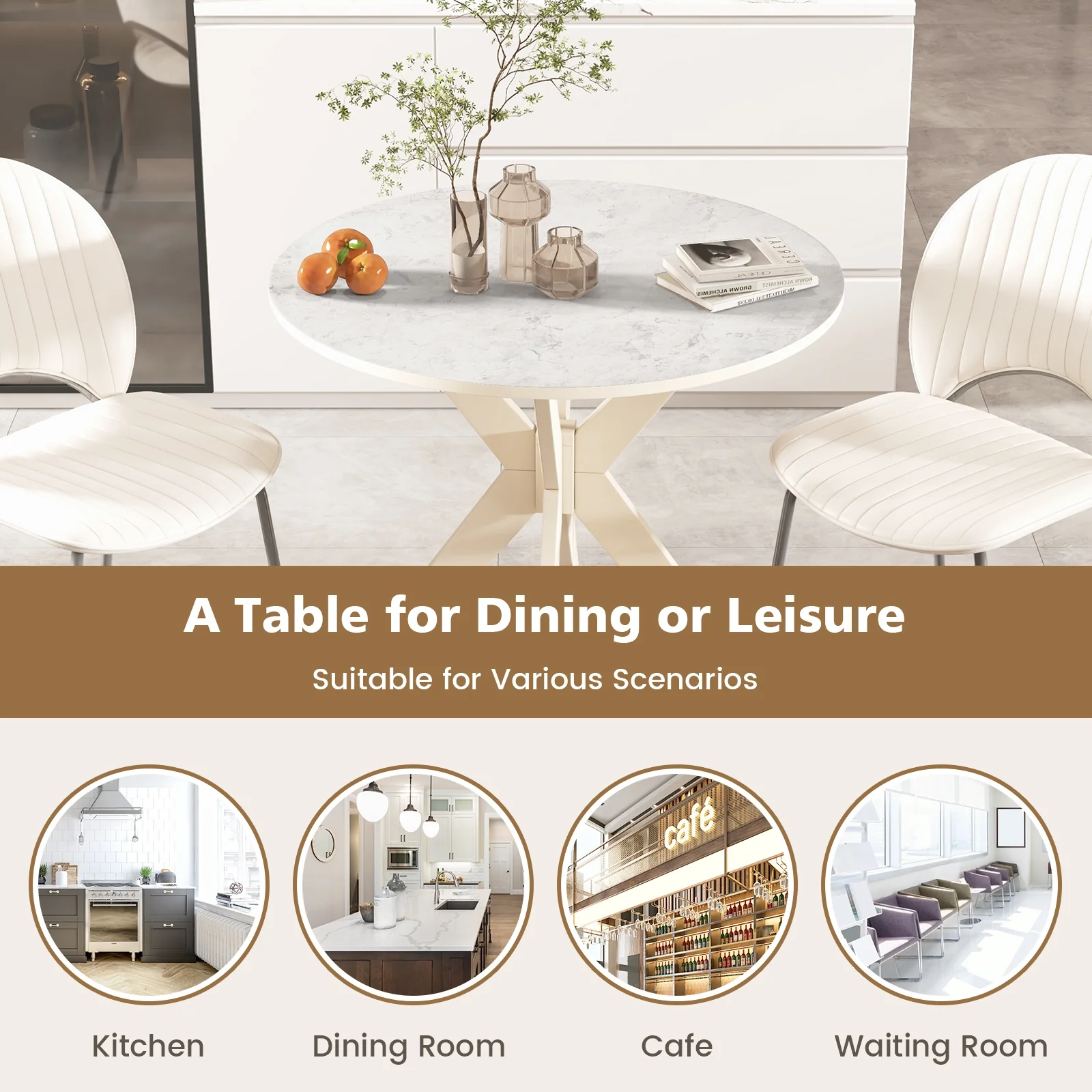 36-Inch Modern Kitchen Table, Faux Marble Top, Solid Wood Legs, White - Image 10